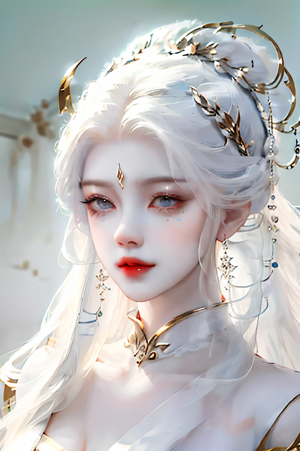 One wearing a white dress、Close-up of woman wearing feather headdress, Inspired by Shen Si Zheng, pale milky white porcelain skin, porcelain white skin, The face is very detailed, Inspired by Huang Ji, Inspired by Lanying, 8K high-detail face, porcelain highlighter skin, Pale porcelain white skin, fair skin, beautiful fantasy empress