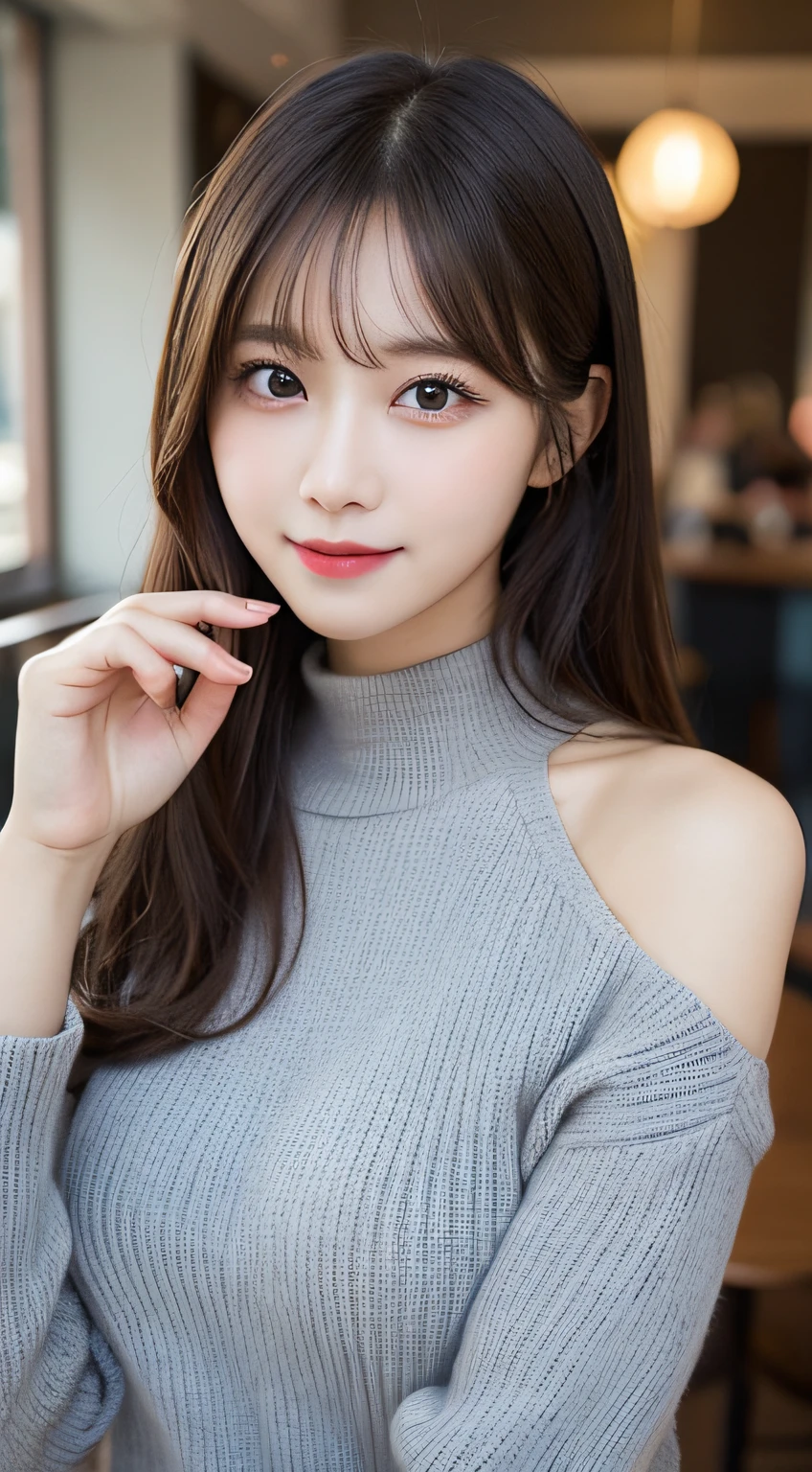 Tabletop, Highest quality, shape, Very detailed, finely, High resolution, 8k wallpaper, 完璧なダイナミックな構shape, Beautiful and detailed, Tokyo Trends春ファッション,Tokyo Trends&Random cute hairstyles, Large Breasts, Natural color lip, Random sexy poses,Cute Smile,Metropolis、20-year-old girl、Beautiful and dense face、Perfect and beautiful face,Big eyes、Beautiful and elaborate face、Perfect and beautiful double eyelids、Blur the background、Perfect and beautiful face、Feminine poses、Clothes with protruding shoulders