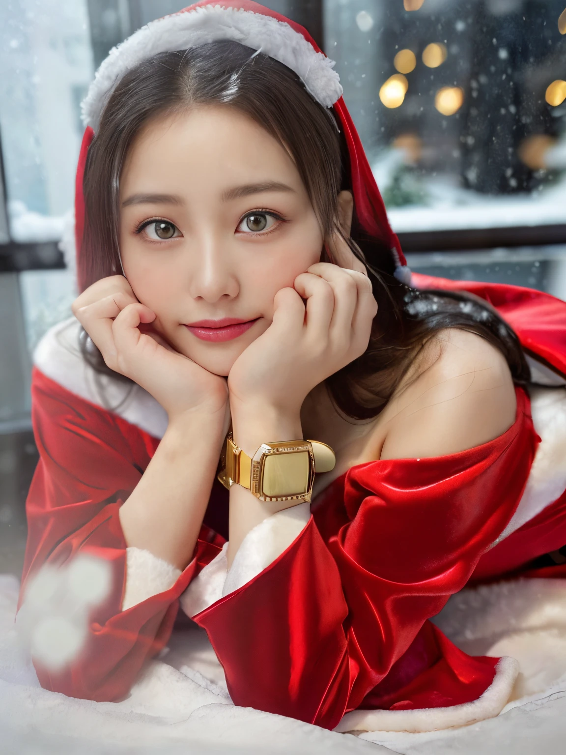 Woman lying on the floor with her hands on her face,Best Quality, 超A high resolution, (Photorealistic:1.4), Raw photo, 1日本人の女の子, (((Santa Claus Costume))),((Cityscape with snow falling from the room window)),(((Looking at Viewer:1.5))),ulzzang -6500-v1.1, (Raw photo:1.2), (photographrealistic:1.4), a beautiful detailed girl, extremely detailed eye and face, Beautiful detailed eyes, Ultra-detailed, High resolution, top-quality, ​masterpiece, Highly detailed, 8K Wallpaper, Wonderful, finely detail, top-quality,电影灯光,(Above the hotel bed),((Christmas)),Beautiful eyes,Beautiful black hair