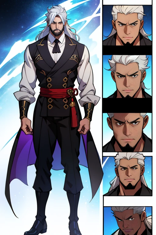 dark skin man, male, black eyes, white hair, long hair, anime style, 4k image, full body, holographic background, Character sheet, Handsome male. Perfect face, 6 ft 5 tall middle aged man. White hair. Long hair. Grey eyes. Beard. Eyepatch. Earrings. Toned body. Muscular male, character design sheet，full bodyesbian, Full of details, body front view, body back view,  Full body, muscle body, Formal Fantasy clothes. Genshin Impact. Hydro vision. Bulge in pants. Liyue, ((Masterpiece, Highest quality)), Detailed face, character design sheet， full bodyesbian, Full of details, frontal body view, back body view, Highly detailed, Depth