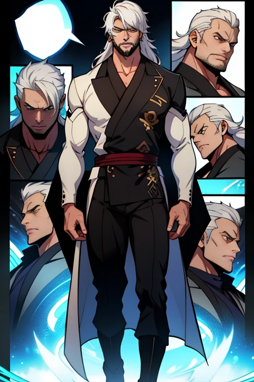 dark skin man, male, black eyes, white hair, long hair, anime style, 4k image, full body, holographic background, Character sheet, Handsome male. Perfect face, 6 ft 5 tall middle aged man. White hair. Long hair. Grey eyes. Beard. Eyepatch. Earrings. Toned body. Muscular male, character design sheet，full bodyesbian, Full of details, body front view, body back view,  Full body, muscle body, Formal Fantasy clothes. Genshin Impact. Hydro vision. Bulge in pants. Liyue, ((Masterpiece, Highest quality)), Detailed face, character design sheet， full bodyesbian, Full of details, frontal body view, back body view, Highly detailed, Depth