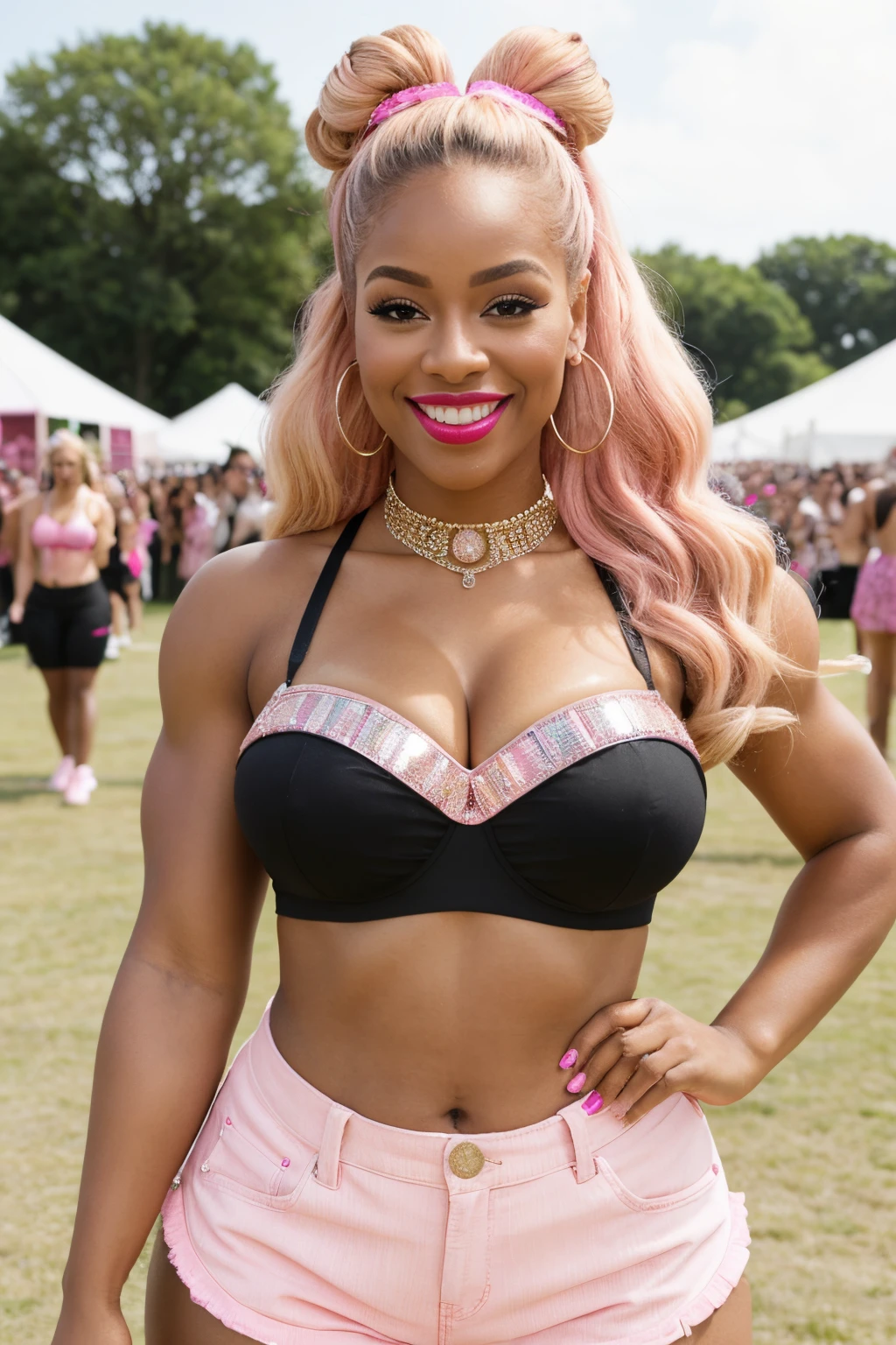 ((best quality)), ((masterpiece)), (detailed), perfect face, black woman with long pink and blonde hair in an updo with 2 buns, curvy and fit physique, pink lipstick, wearing a pink bra with clear crystals, pink high waisted chaps and pink platform shoes in a festival with both arms outstretched and smiling toward the camera at a music festival, full body photo