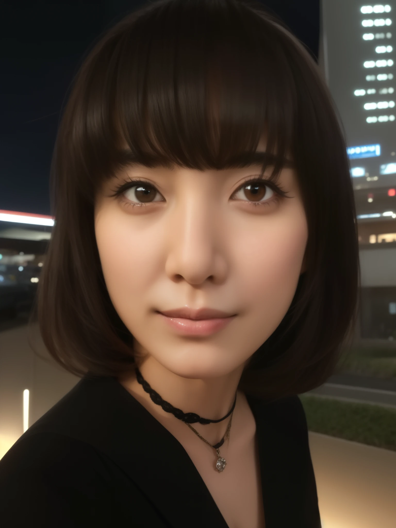 masutepiece, hight resolution, Best Quality, Highly detailed, Yellow eyes, Beautuful Women、 cleavage of the breast:1.2、large full breasts, You can see the bare skin of the décolleté、realisitic、a picture、An ultra-high picture quality、detail portrayal、43 yeas old、A Japanese Lady、A smile、