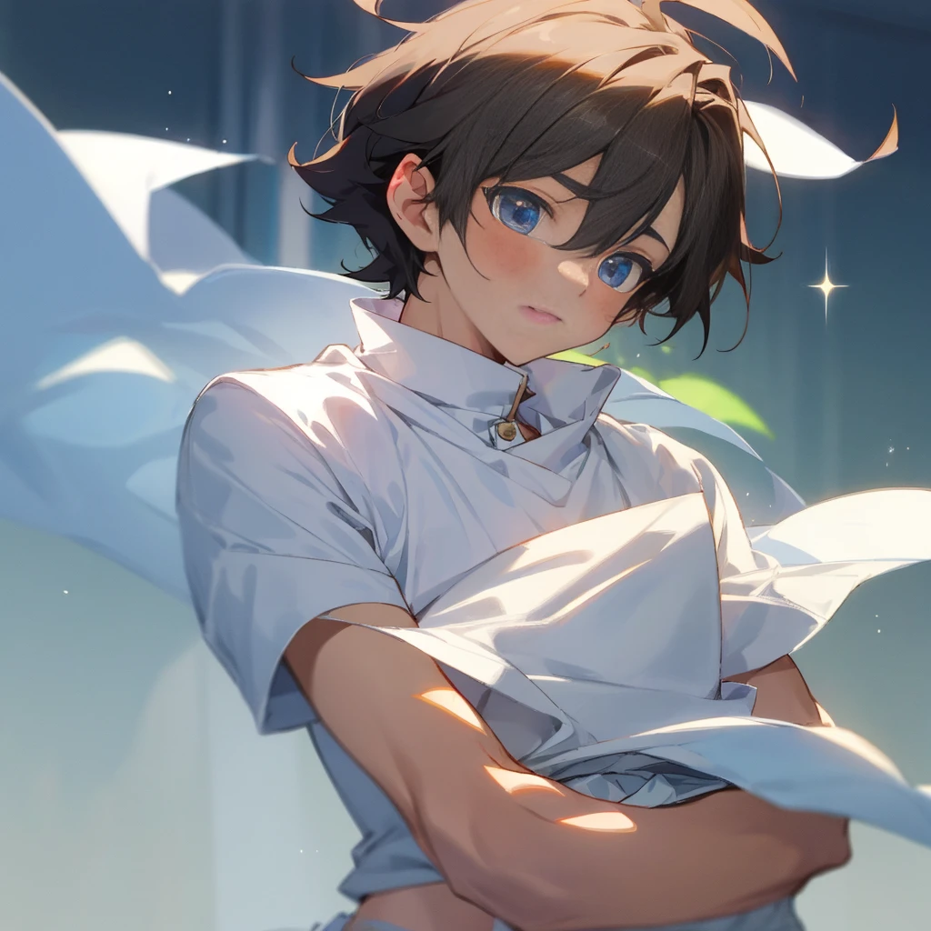 A cute boy with bare upper body, wearing white panties and white socks on his feet facing the screen