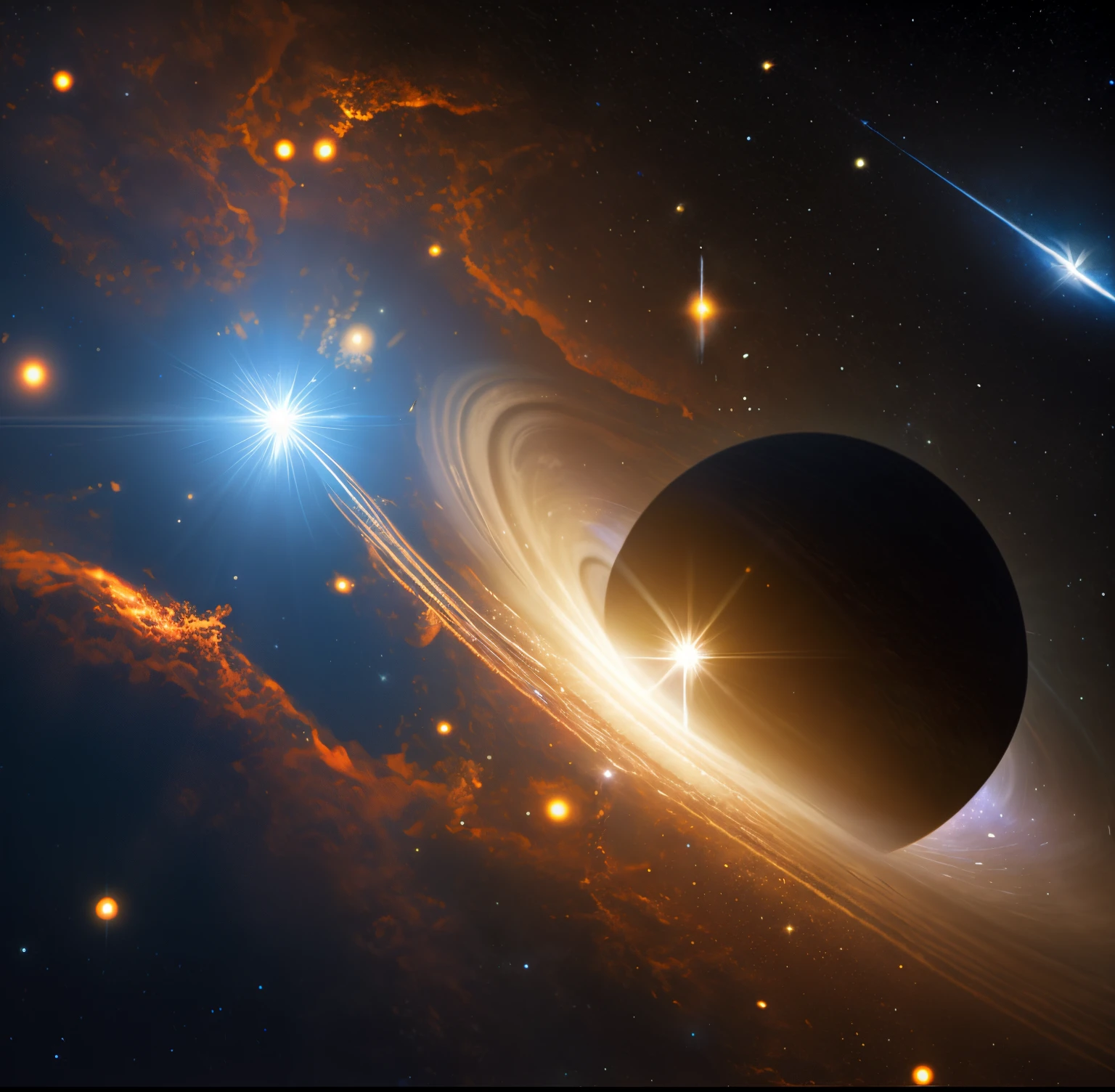there is a black hole in the sky with a star in the background, beautiful space star planet, planet and stars, star flares, planets and stars, interstellar space setting, planet with rings, stellar space, ringed planet in the sky, star shining in space, luminous stellar sky, stars and planets, epic beautiful space scifi, planets and galaxies, space backround