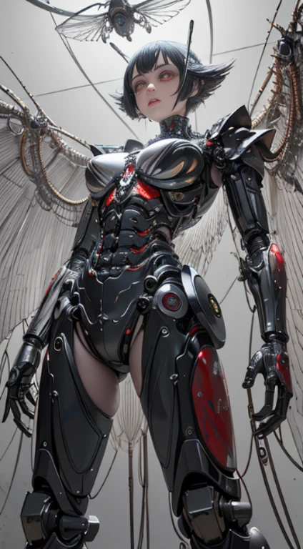AA Fly, big eyes, translucent wings, {{{mechanical body}}}, chrome joints, ((standing over a corpse)), (flying over a pool of blood)science fiction (((masterpiece))), (((best quality))), ((ultra-detailed)), (highly detailed CG illustration),cinematic light,((1Fly)),(machine made joints:1.4),science fiction, lab background!!
