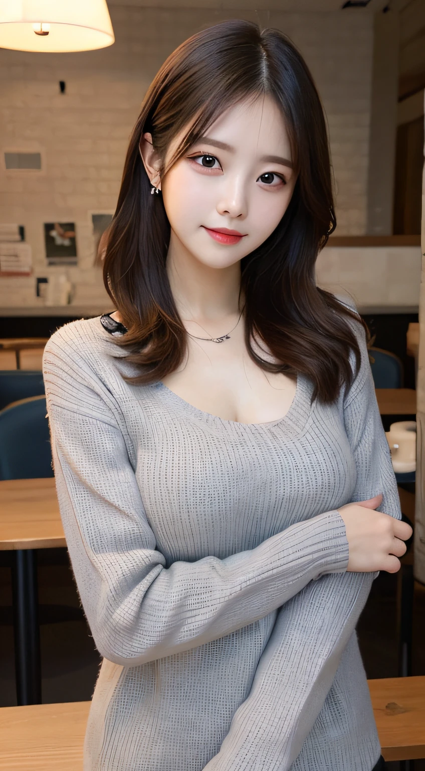 masutepiece, Best Quality, Illustration, Ultra-detailed, finely detail, hight resolution, 8K Wallpaper, Perfect dynamic composition, Beautiful detailed eyes, Wearing a gray knitted dress,small tits,Natural Color Lip, sexypose,Smile,20 years girl、Cute、Sexy shot looking at camera,Background blur,KPOP Idol Face,Shot in a cute café
