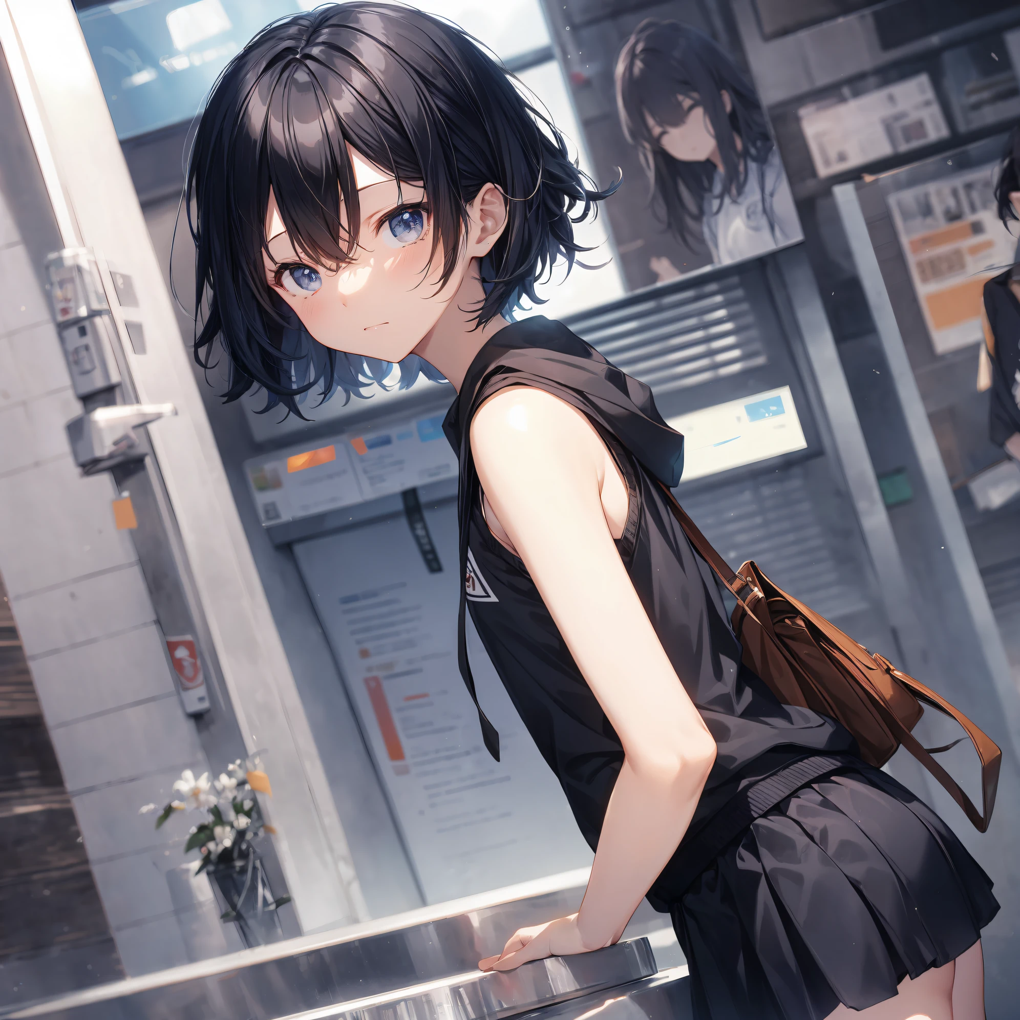 Super high quality by the art god, Ultra-detailed, High resolution, anime moe art style, Best Anime 8K Konachan Wallpapers, Pixiv Contest Winner, Perfect Anatomy, BREAK,(Draw a girl sleepily walking to school. ),BREAK, 1girl in, (Solo,Lori,child,13years:1.3),Full limbs, complete fingers,a junior high school student, Androgynous attraction, (Very short hair), Sleeping hair, hair messy, flat chest, Small butt, groin, Small eyes,Beautiful detailed black eyes, Well-proportioned iris and pupils, disgusted eye, High resolution detailed hair, School uniform, Skirt, On the way to school. BREAK,super detailed skin, Best lighting by famous artists, 8K, Illustration,