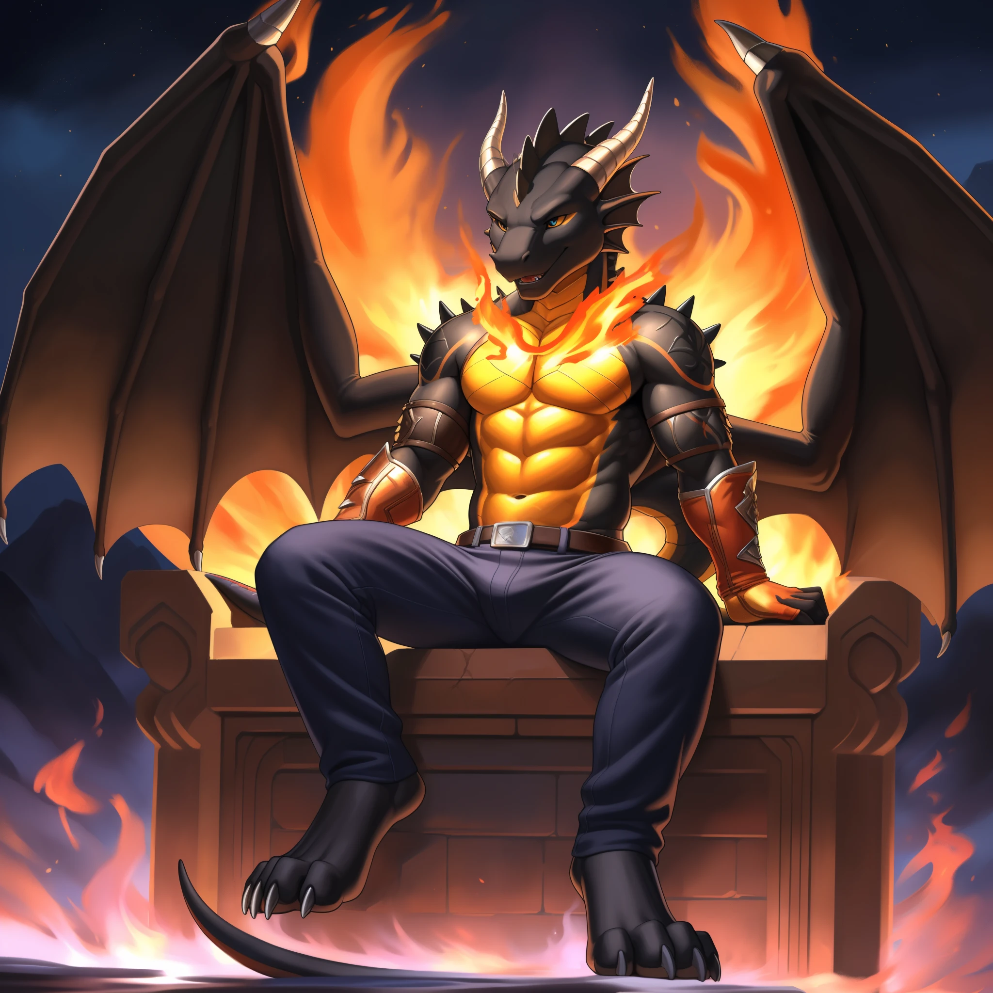 (masterpiece, best quality, high quality, highres:1.4), detailed, extremely detailed, bright lighting, 4K, (by ruaidri), yupa, kiyosan,(by meesh), (by fffffolder)), delga: (slim, athletic, dragon, ((black body)), smooth skin, athletic muscle, anthro legs, ((young)), (dragon feet), (toe claw), black spikes, (detailed eyes), dragon horn, ((dragon tail)), tail attached to waist, 1tail, ((dragon wings)), bare_shoulders, (clothing, handwear:(vambraces), bottomwear:(pants:black, [[leg armor]]))), beautiful, (((heroic aura))), closed_mouth, ((serious_look, menacing)) tag:1boy)), covered in tattoos, has tattoos, tattoos covering the chest and arms, tattoo sleeves on both arms, flames coming off the skin, fire billowing off body, ((Ghost Rider)), sitting on a throne