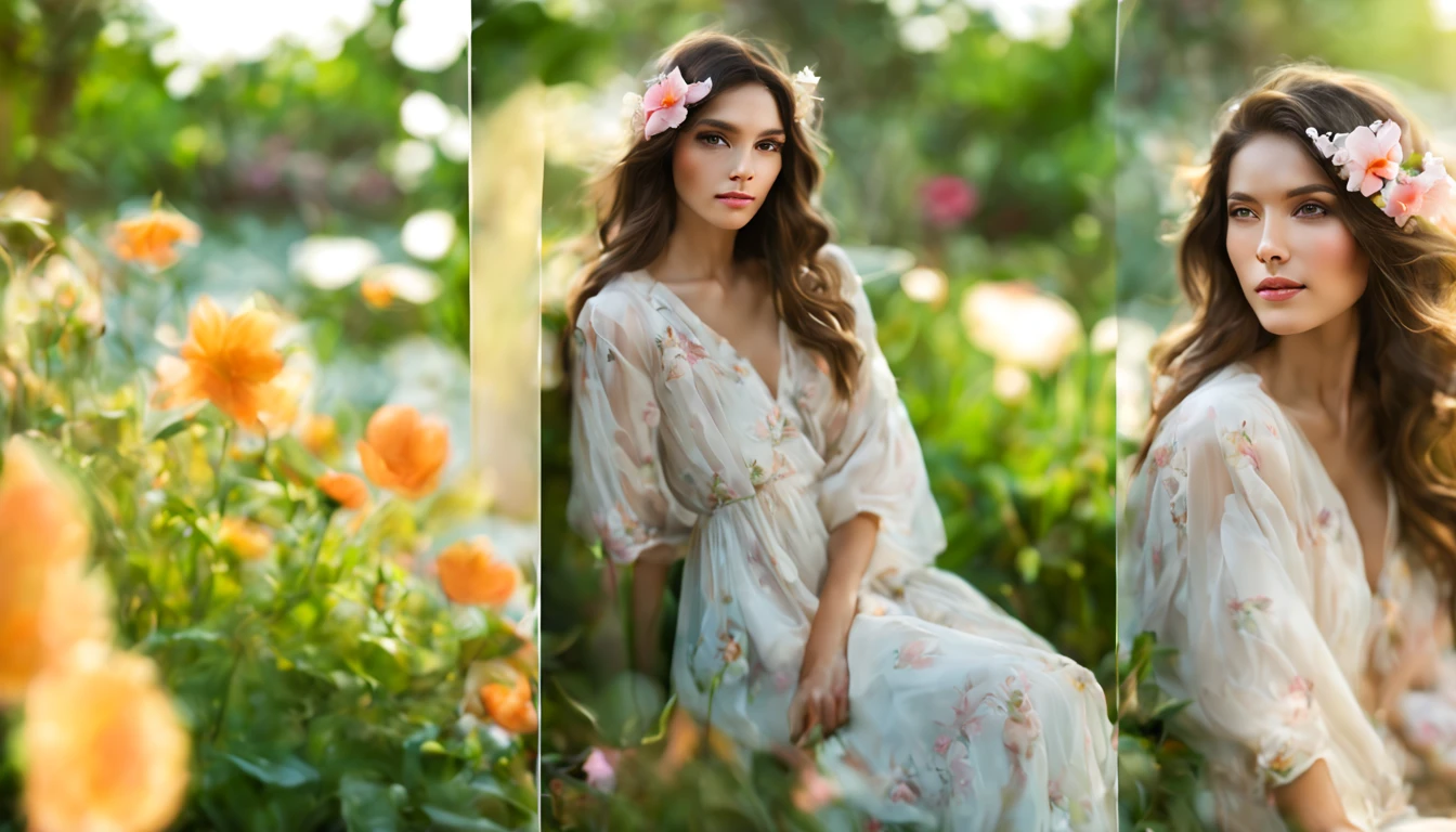 uma bela mulher na casa dos trinta anos, Agora mesmo, com olhos hipnotizantes, long flowing hair, and a confident expression. She is sitting in a vibrant and colorful garden, surrounded by lush greenery and blooming flowers. Sunlight filters through the leaves, creating a soft and ethereal environment. The woman's skin is flawless and radiant, with a healthy glow. His pose is relaxed, with one hand resting on the knee and the other gently touching a flower petal. The scene is captured in a dreamy and pictorial style, assemelhando-se a um retrato renascentista ou a uma obra-prima impressionista. The colors are vivid and saturated, com uma paleta de cores acolhedora e convidativa. The lighting is soft and diffused, casting a soft glow on the woman's face and highlighting the delicate details of her features. The overall image quality is of the highest caliber, with ultra-detailed textures and realistic rendering. The work exudes a sense of tranquility, feminilidade, e beleza atemporal.