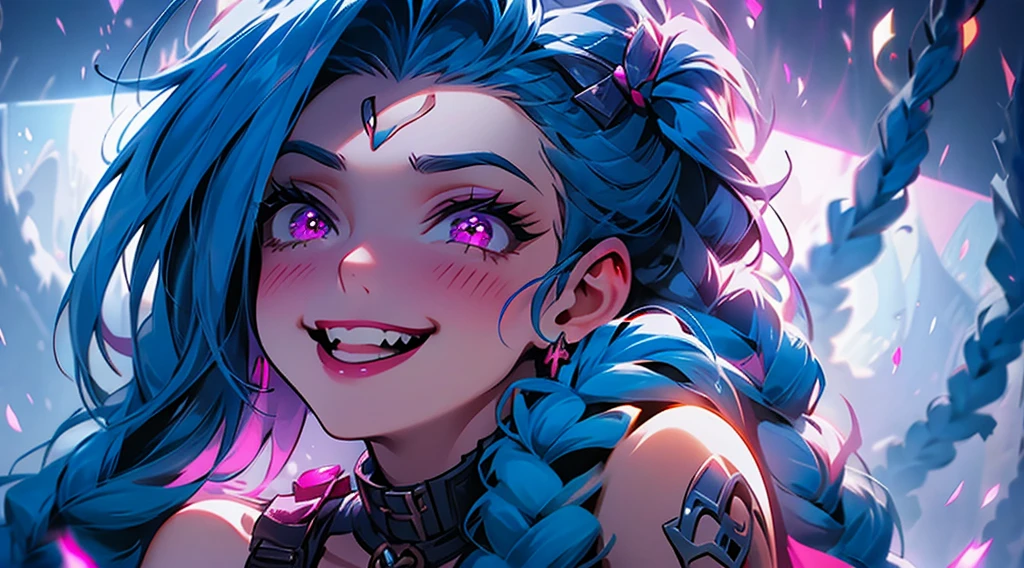 nsfw, ahegao, orgasm, blushing, big boobs, thick thighs, jinx, league of legends, digital illustration, vibrant colors, soft lighting, perfect face, absurdres, ultrasharp, 8K, perfect hands