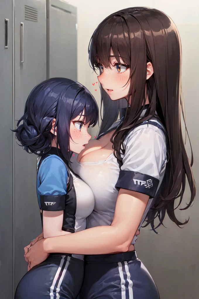 (2girls:1.5), (height_difference:1.5), (size_difference:1.1), (giantess:1.1), a giantess towering over a tiny woman, a giantess hugging a tiny woman, a tiny woman under the breasts of a giantess, sports uniform, locker room, (minigirl:1.1), cleavage, looking at another, looking in her eyes, (adult woman: 1.2), (mature:1.2), (muscular: 1.1)