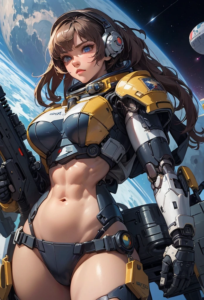 (Detailed illustrations,Very detailed and detailed drawing,Delicate lines with slow and rapid,Realistic texture expression),[Color tressed main line],(Space Battlefield [Space Mobile Fortress]),[独奏],HENTAI (((ANIME) BIONICGirl) Beauty  ((well-muscled) [plump])) (Astronauts Cyborg) [Space Marine Corps Military [MASCHINEBODY]],Bullet Belt Javelin [[Firearms, Machine Guns, Bazookas] Saber Rifle ][[Rocket Pack]],Zero Gravity Front,gravure [[White Devil] [Outer space combat]] Battle Damage,[retro-futuristic],(Intricate and beautiful decoration [Dense detail]),(Fine and beautiful skin expression [Transparency]),[Perfect eye details (Iris beautifully drawn in every detail)[Jewel-like eyes]],[long and beautiful eyelashes],[Meticulously drawn hair [More on beautiful and shiny hair]],(Perfect hand details [Beautiful fingers without breakdowns [Beautiful nails]]),(Perfect Anatomy(Perfectly proportioned))[[Full body like]],[[Design built to the highest level]][Ideal color coordination(Accurate simulation of light-material interactions)],([Precision Detail](detaileds,high-detail)),[Visual art that conveys a sense of narrative].