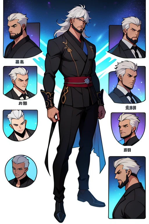 dark skin man, male, black eyes, white hair, long hair, anime style, 4k image, full body, holographic background, Character sheet, Handsome male. Perfect face, 6 ft 5 tall middle aged man. White hair. Long hair. Grey eyes. Beard. Eyepatch. Earrings. Toned body. Muscular male, character design sheet，full bodyesbian, Full of details, body front view, body back view,  Full body, muscle body, Formal Fantasy clothes. Genshin Impact. Hydro vision. Bulge in pants. Liyue, ((Masterpiece, Highest quality)), Detailed face, character design sheet， full bodyesbian, Full of details, frontal body view, back body view, Highly detailed, Depth