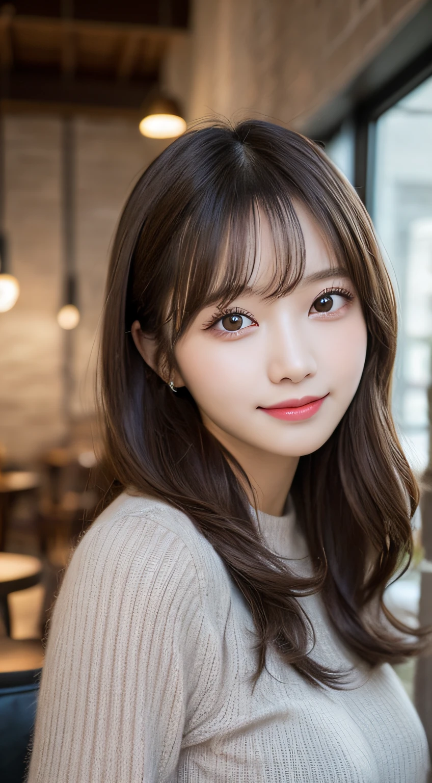 masutepiece, Best Quality, Illustration, Ultra-detailed, finely detail, hight resolution, 8K Wallpaper, Perfect dynamic composition, Beautiful detailed eyes, Wearing a gray knitted dress,small tits,Natural Color Lip, sexypose,Smile,20 years girl、Cute、Sexy shot looking at camera,Background blur,KPOP Idol Face,Shot in a cute café