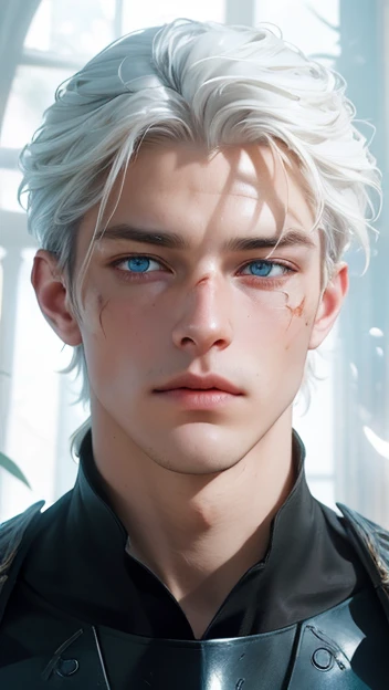 (Portrait of a man), 29 year old, white hair, a knight, a little stern, masculine face, roman nose, vivid blue eyes, (((large faded scar over right eye))), hyper realistic, curtain hairstyle, heroic, black armor, frost forest background, realistic, detailed and correct facial structure, johan liebert mixed with dante, handsome, attractive, slightly muscular, cinematic lighting, unreal engine, intricate details,  masterpiece, best quality, by Irakli Nadar, Greg Rutkowski, (((best quality))),(((ultra detailed))),(((masterpiece)))