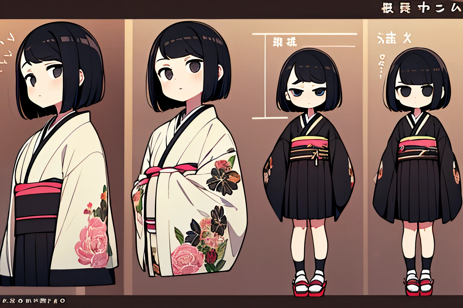 short bob, black hair, black eyes, slant eyes, round face, high teen, bad mood, kimono, full body