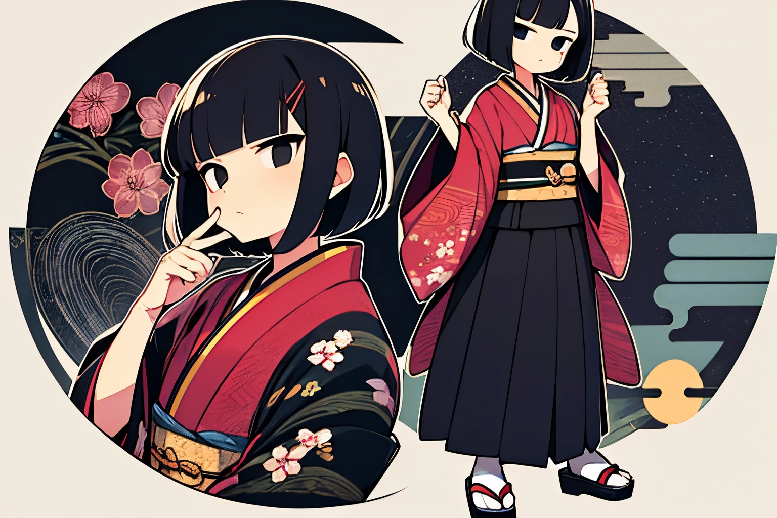short bob, black hair, black eyes, slant eyes, round face, high teen, bad mood, kimono, full body