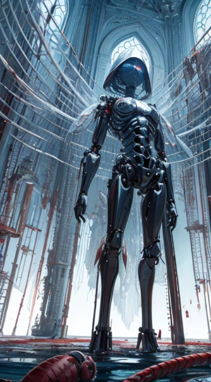 A Fly, big eyes, translucent wings, {{{mechanical body}}}, chrome joints, ((standing over a corpse)), (standing in a pool of blood)science fiction (((masterpiece))), (((best quality))), ((ultra-detailed)), (highly detailed CG illustration),cinematic light,((1Fly)),(machine made joints:1.4),science fiction, lab background!!