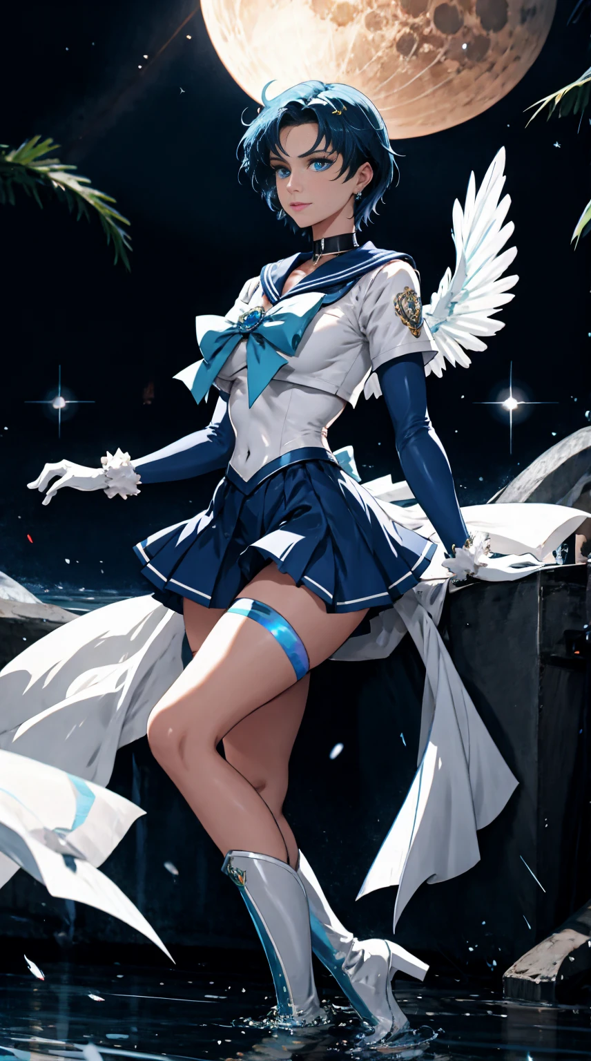 full: 1.3, Stand, Masterpiece, 。, huge boobs, huge butt, .3D, Realistic, Ultra-micro photo, Top quality, Ultra detailed CG Unity 8K wallpaper, (mer1, head gear, Sailor senshi uniform, White gloves, Blue sailor collar, Blue skirt, Sailor senshi uniform: 1.2, Sailor Mercury: 1.3, Meshauonf), From below, Intricate details, (1 woman), 19 years old, Short hair, floating short blue hair: 1.2, Apparently a sailor Chiseki uniform, Sexy pleated miniskirt in shiny blue: 1.3, ((The blue bow in the center of the chest is very large: 1.3, Gold headdress on the forehead: 1.2, Wear blue gloves on your elbows: 1.2, Bare upper arm: 1.1, Shiny blue enamel long knee-high boots，Decorated with luxurious gold accents: 1.3, Saturated wide blue collar, Saturated blue sailor color, White latex long gloves，Decorated with luxurious gold accents: 1.3, Very large blue bow at the back of the waist: 1.1, Blue choker, Looks sexy and bold: 0.6)), (Very slim fit high-gloss white holographic leather: 1.3), Bold sexy slender tall gravel swimsuit, Blue star piercing, Parted bangs, ((Seductive smile, very pretty look face, Face details: 1.5, Bright blue eyes, Beautiful face, Beautiful eyes, Shiny eyes, Thin lips: 1.3, Thin, sharp pale eyebrows, long dark eyelashes, Double lashes)), Luxury gold jewelry, (Fighting posture), Huge splash wings, musculous, muscle abs, Small face, Huge chest, Perfect proportions, Thin waist, sexy model pose, Visible pores, Perfect hands: 1.5, Octane rendering, Very dramatic image, Intense natural light, Sunlight, exquisite lighting and shadows, Dynamic Angle, Digital SLR harp, Focus: 1.0, Maximum clarity and sharpness, (Water god: 1.1, Splash space background, Dynamic water background, Water Man: 1.2, Water feathers, water bubbles, Dynamic frames, Mercury, Moonlight, Moon, Dynamic background, detailedbackground))