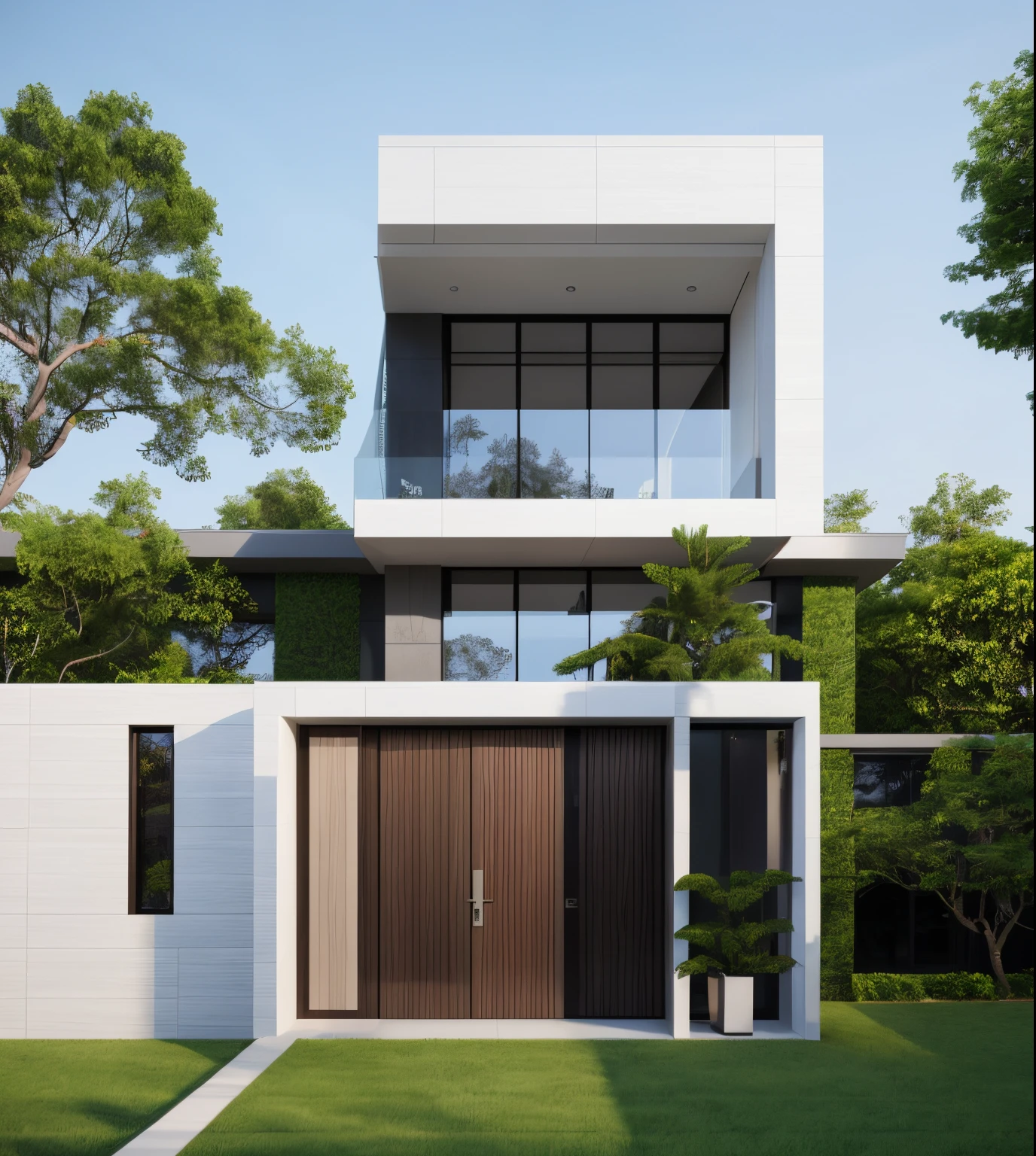 modernvilla, fully tiled, white and wood color, trees, architecture, vivid colour, masterpiece,best quality,super detailed,realistic,photorealistic, 8k, Real Photos of a building