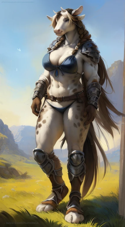 Cow girl, big chest, day, sexy, sensual, detailed, uploaded to e621, beautiful and detailed portrait of an powerful anthropomorphic cow ((female))) kenket, ross tran, ruan jia, uploaded to e621, zaush, foxovh, fur, White fur, Brown spots on the body, movie lighting, standing, open legs, long hair, Half down hair with side braids, viking hair, muscular, large breats, epic realism, White skin, Large neckline, Full body, Detailed Feet, day, Light against the face, ambient light, Open field, plain, Armor, bikini armor