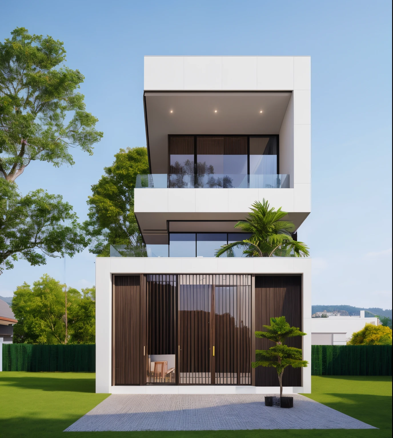 modernvilla, fully tiled, white and wood color, trees, architecture, vivid colour, masterpiece,best quality,super detailed,realistic,photorealistic, 8k, Real Photos of a building