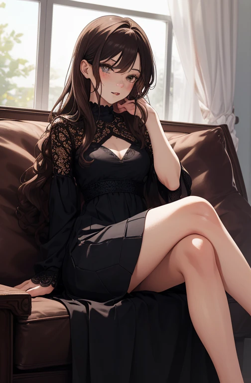 1girl, beautiful woman, medium wavy brown hair, freckles, dark eyelashes, perfect eyes, perfect face, long skirt, intricate, intricate details, anime, sitting down, legs crossed