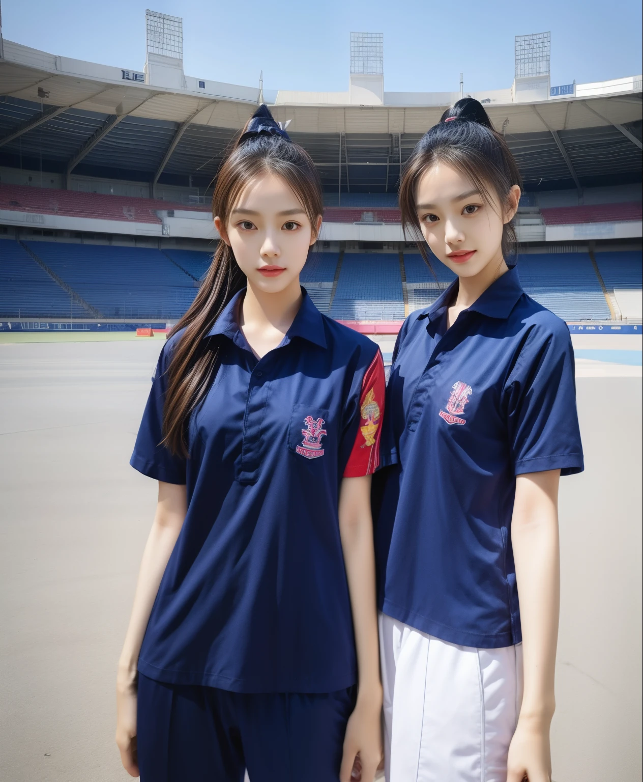 (bestquality,10,10,highres,masterpiece:1.2),ultra-detail,(Realistic,photorealistic portrait,photo-realistic:1.37),1 Cute girl in the football field,oily shiny skin,bara,light smile,BDclothelue shirt:1.3)),short sleeves,shirt, trousers.,(navy_long_Pants Track:1.1), ((Stadium Background:1.3)),dynamic angle,excited,face focus,Dynamic Poses,from behide,Ass Focus,masterpiece, bestquality, ultra realistic, hyper-detail, 8k resolution, RAW photo, crisp focus, ((Navy blue shirt:1.1)), short sleeves, Long Path, Perfect body, 2 mature women, 18yo, cinematic light,Blue sweatpants,Gymware,Correct anatomy,Complete body, Correct body, sharp face, Anatomically correct body, full entire body, Realistic gestures, long-haired, Realistic poses,Wear long shorts............................................,Long leg span,Shapely,Sculpting Girl, Slender Figure, mannequin mannequins, Shapely, Beautiful body,Blue sweatpants, Two girls kissing