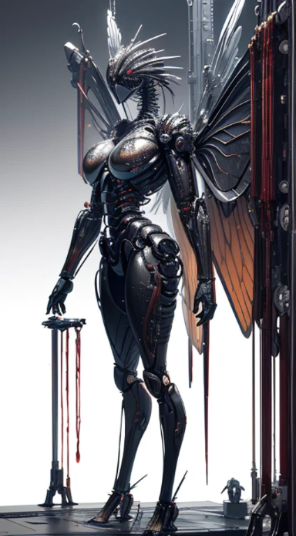A Fly, big eyes, translucent wings, {{{mechanical body}}}, chrome joints, ((standing over a corpse)), (standing in a pool of blood)science fiction (((masterpiece))), (((best quality))), ((ultra-detailed)), (highly detailed CG illustration),cinematic light,((1Fly)),(machine made joints:1.4),science fiction, lab background! view from above!!!!!