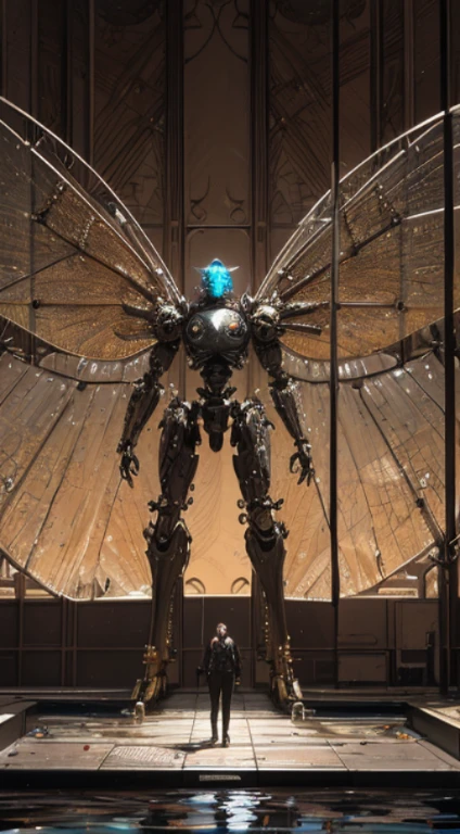A Fly, big eyes, translucent wings, {{{mechanical body}}}, chrome joints, ((standing over a corpse)), (standing in a pool of blood)science fiction (((masterpiece))), (((best quality))), ((ultra-detailed)), (highly detailed CG illustration),cinematic light,((1Fly)),(machine made joints:1.4),science fiction, lab background! view from above!!!!!