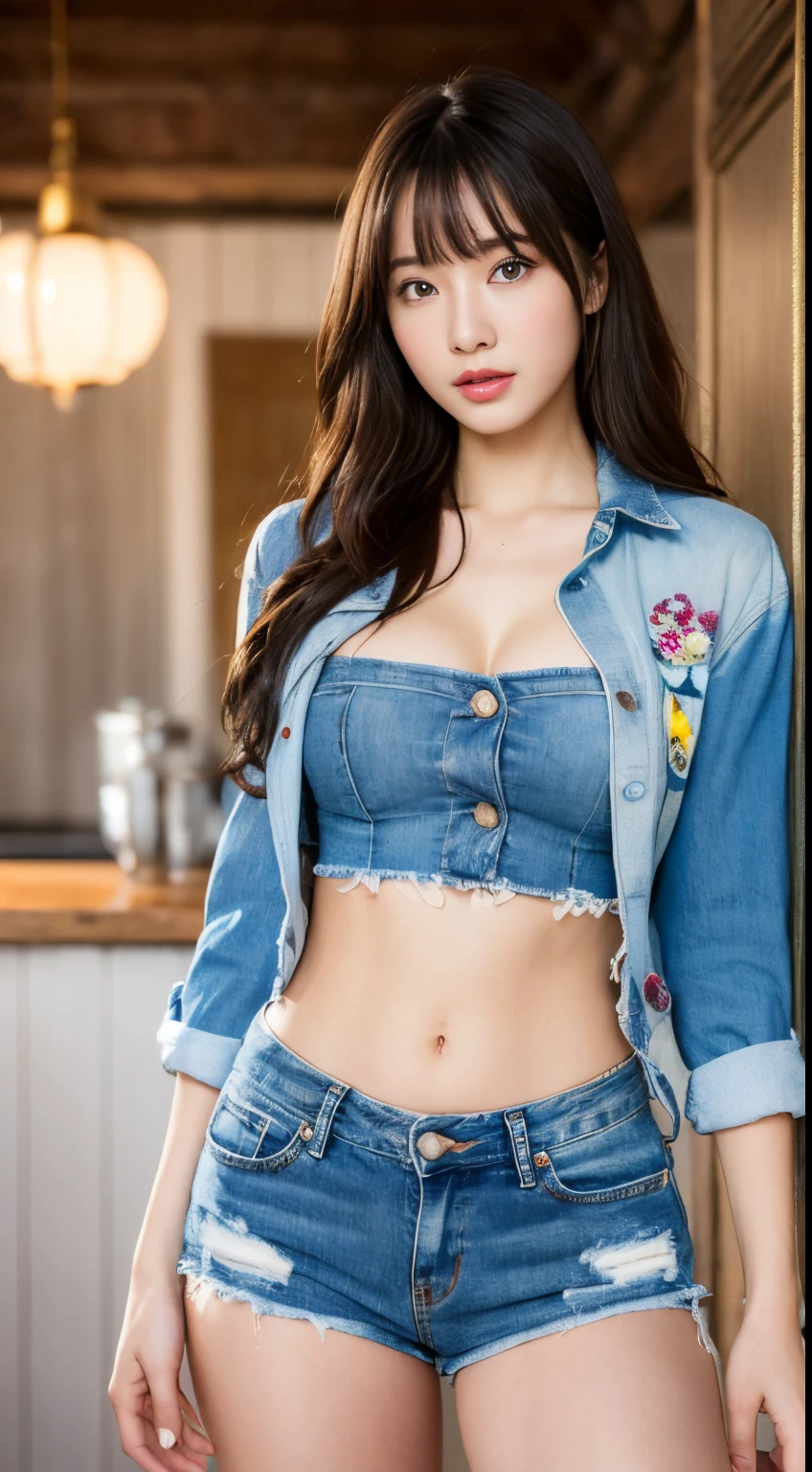 ((midnight, best quality, 8k, masterpiece :1.3)), full body, long legs, sharp focus :1.2, a beautiful woman with perfect figure :1.4, slim abs :1.1, ((dark brown hair, :1.2)), highly detailed face and skin texture, detailed eyes, double eyelids, white shirt, open waist, denim shorts, sexy, interior scene