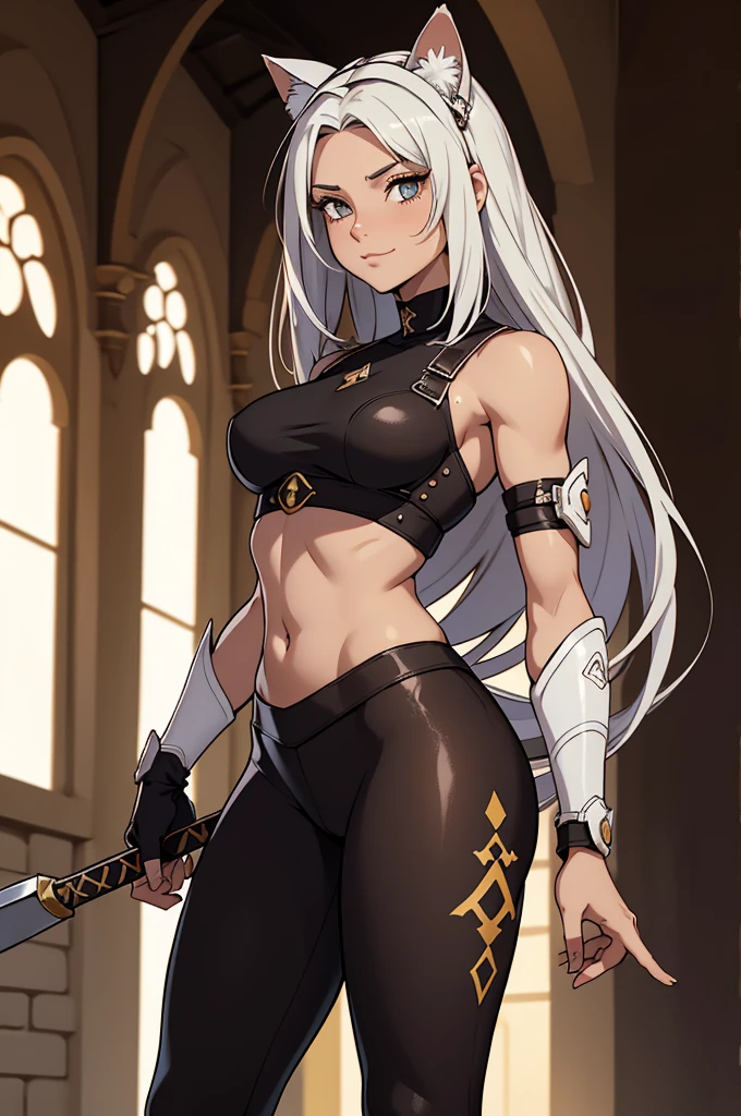 beautiful young female warrior fighter with cat ears on her head, com rosto bem detalhado e bonito, belos olhos, belos olhos, rosto lindo, beautiful young woman wearing long brown leggings with black details, sueter apertado branco, standing in a castle, usando bota preta, cabelo comprido com franja preto, ,orelhas de gato, belo sorriso, tomboy, um pouco musculosa,suter branco com cinta em volta, olhar serio,usando brazer apertado preto, com armadura nos ombros,olha serio nos olhos, castelo a noite, espada nas costas