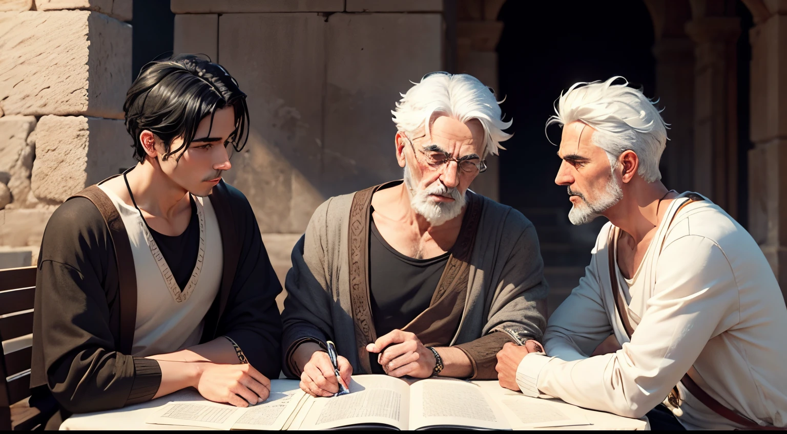 male philosophers, Com roupas, debating subject in ancient Greece stoicism, old man talking, ancient greek ambient, young man listening to the old man, 1 man with white hair, 1 man with black hair