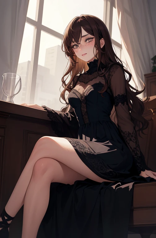 1girl, beautiful woman, medium wavy brown hair, freckles, dark eyelashes, perfect eyes, perfect face, long skirt, intricate, intricate details, anime, sitting down, legs crossed