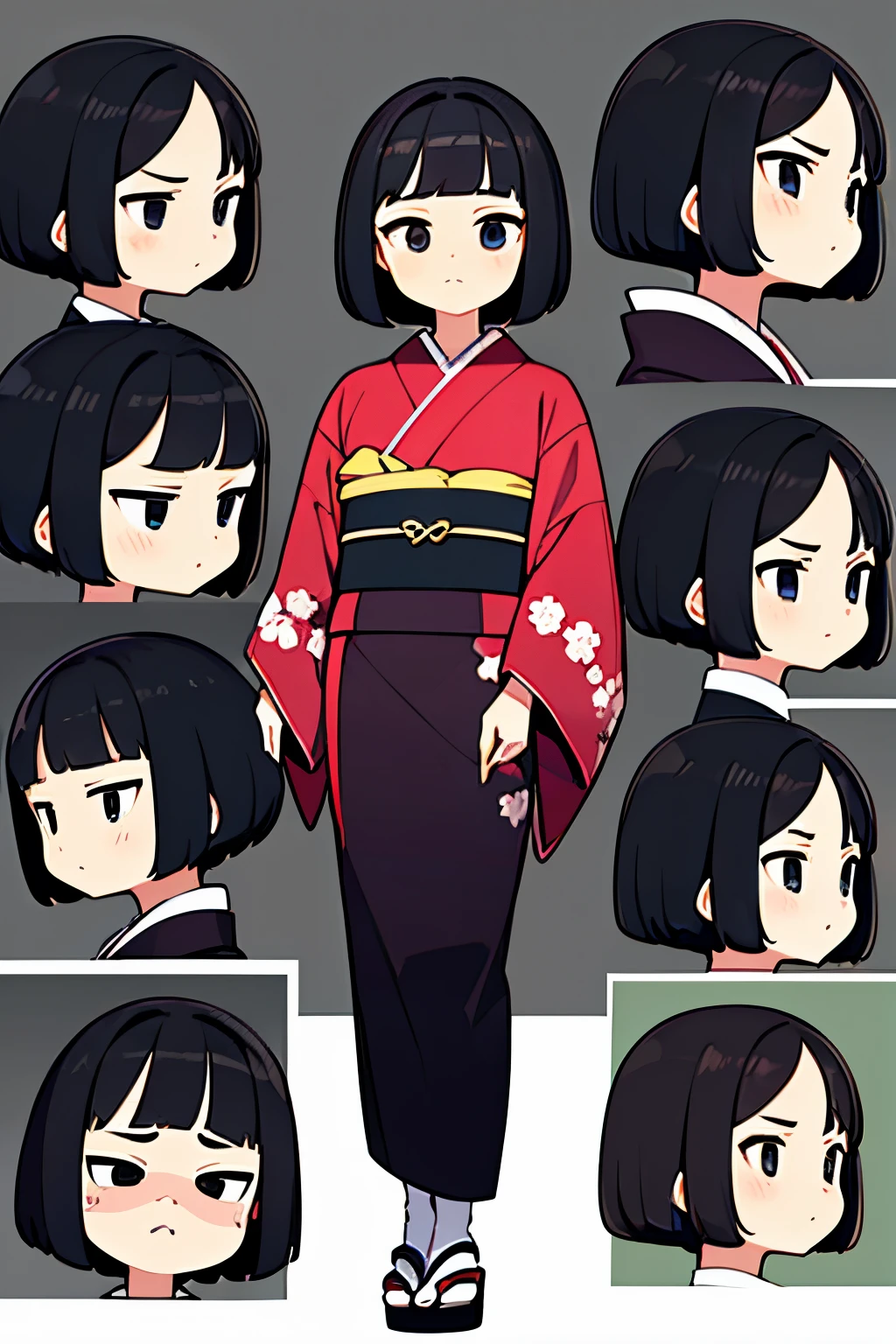 short bob, black hair, black eyes, slant eyes, round face, high teen, bad mood, kimono, full body
