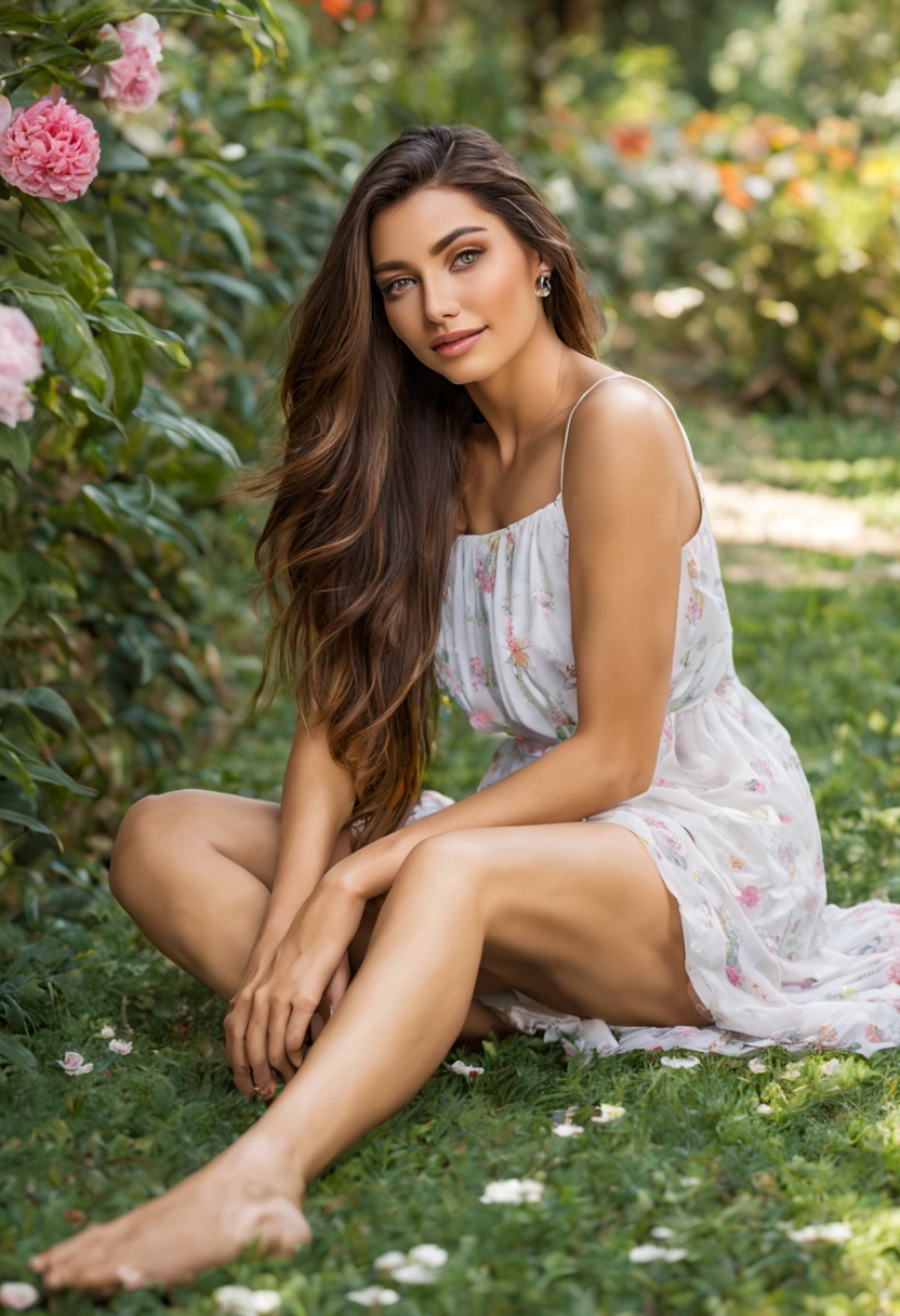 uma bela mulher na casa dos trinta anos, Agora mesmo, com olhos hipnotizantes, long flowing hair, and a confident expression. She is sitting in a vibrant and colorful garden, surrounded by lush greenery and blooming flowers. Sunlight filters through the leaves, creating a soft and ethereal environment. The woman's skin is flawless and radiant, with a healthy glow. His pose is relaxed, with one hand resting on the knee and the other gently touching a flower petal. The scene is captured in a dreamy and pictorial style, assemelhando-se a um retrato renascentista ou a uma obra-prima impressionista. The colors are vivid and saturated, com uma paleta de cores acolhedora e convidativa. The lighting is soft and diffused, casting a soft glow on the woman's face and highlighting the delicate details of her features. The overall image quality is of the highest caliber, with ultra-detailed textures and realistic rendering. The work exudes a sense of tranquility, feminilidade, e beleza atemporal.