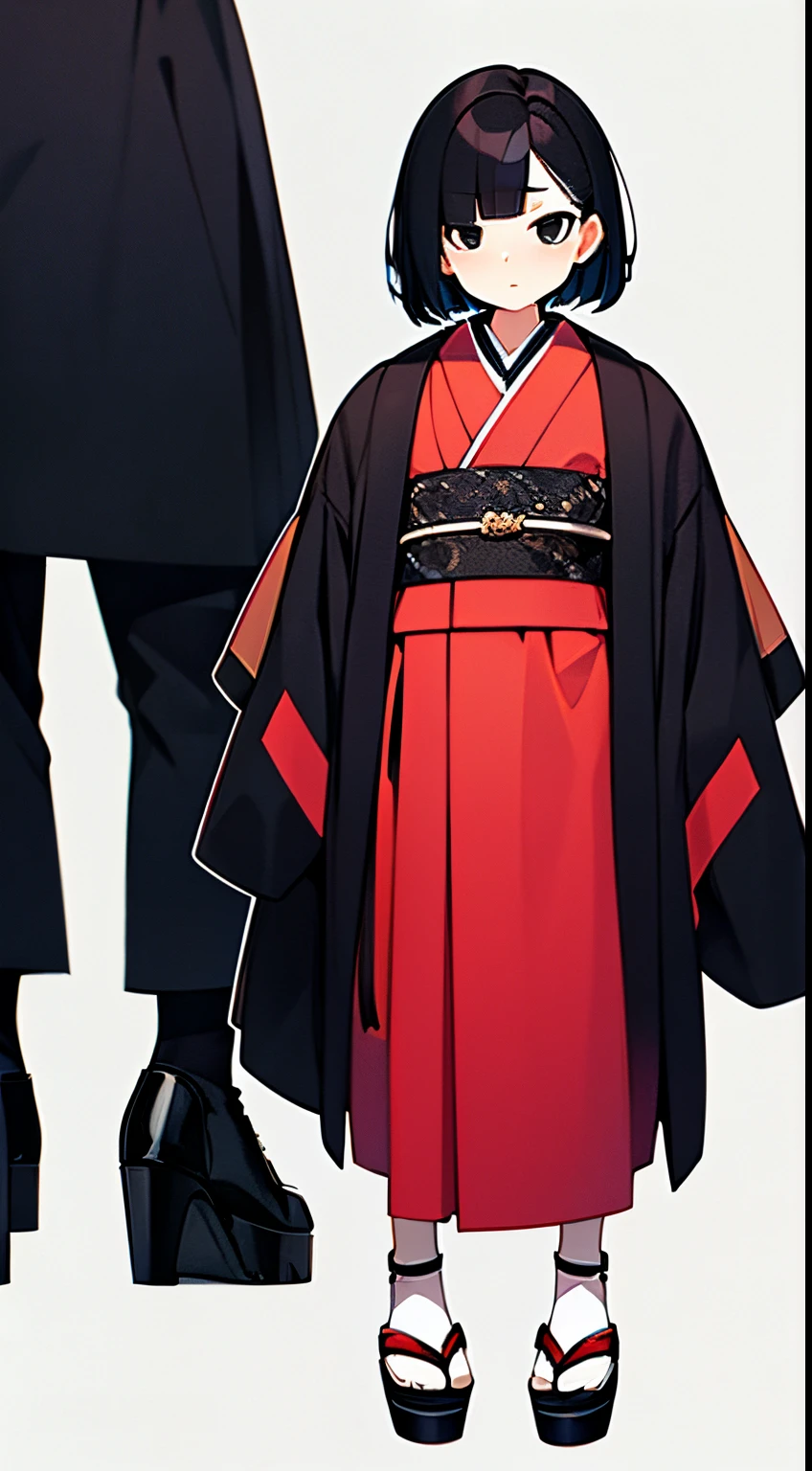short bob, black hair, black eyes, slant eyes, round face, high , bad mood, kimono, full body