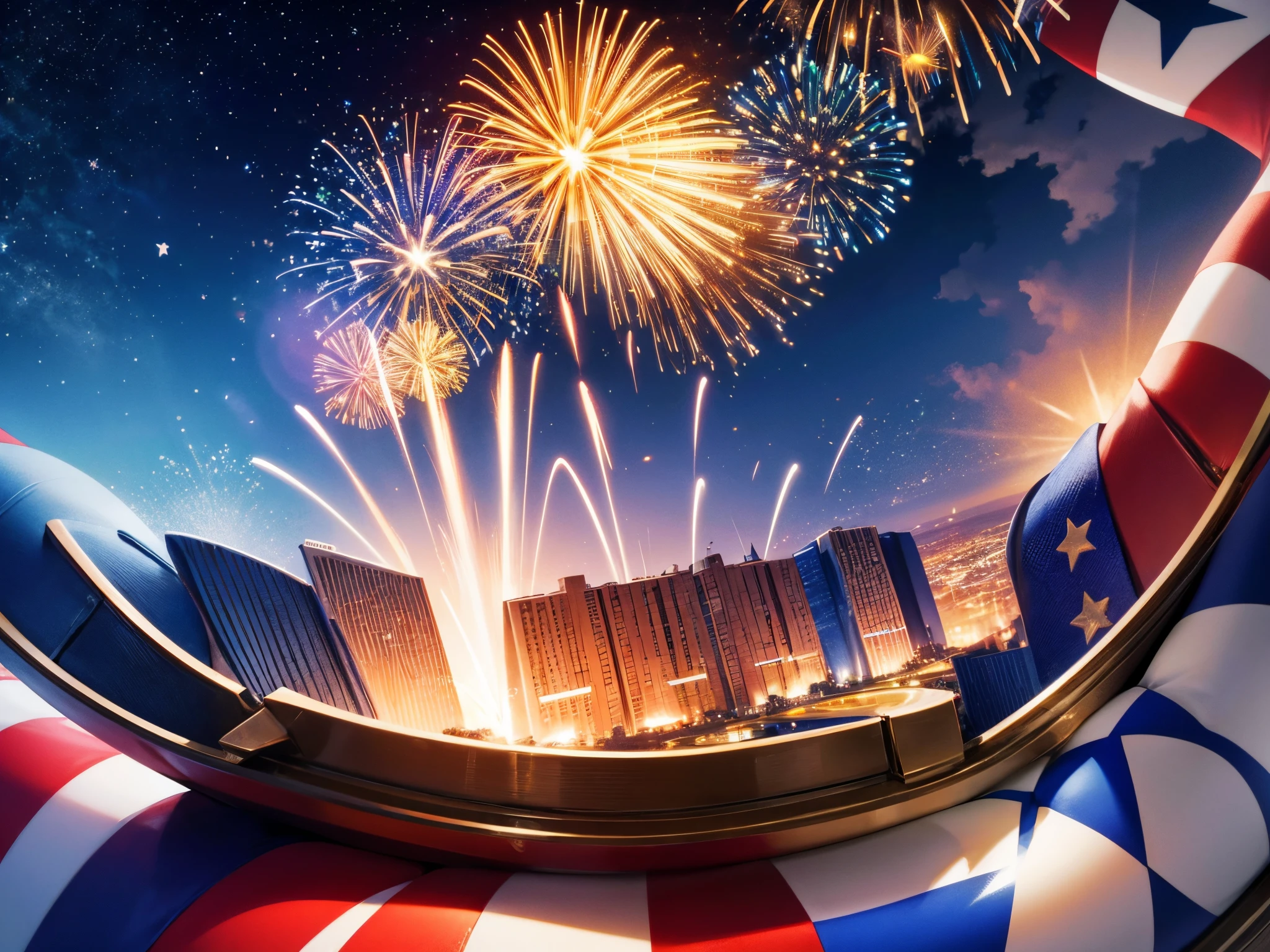 Zoom in to reveal 3D stars and letters forming patriotic symbols, celebrating the Fourth of July in a visually stunning composition. Add a touch of grandeur to this national holiday.