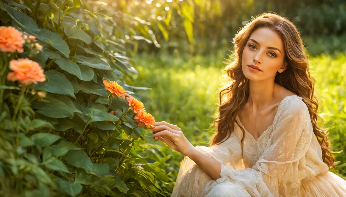 uma bela mulher na casa dos trinta anos, Agora mesmo, com olhos hipnotizantes, long flowing hair, and a confident expression. She is sitting in a vibrant and colorful garden, surrounded by lush greenery and blooming flowers. Sunlight filters through the leaves, creating a soft and ethereal environment. The woman's skin is flawless and radiant, with a healthy glow. His pose is relaxed, with one hand resting on the knee and the other gently touching a flower petal. The scene is captured in a dreamy and pictorial style, assemelhando-se a um retrato renascentista ou a uma obra-prima impressionista. The colors are vivid and saturated, com uma paleta de cores acolhedora e convidativa. The lighting is soft and diffused, casting a soft glow on the woman's face and highlighting the delicate details of her features. The overall image quality is of the highest caliber, with ultra-detailed textures and realistic rendering. The work exudes a sense of tranquility, feminilidade, e beleza atemporal.