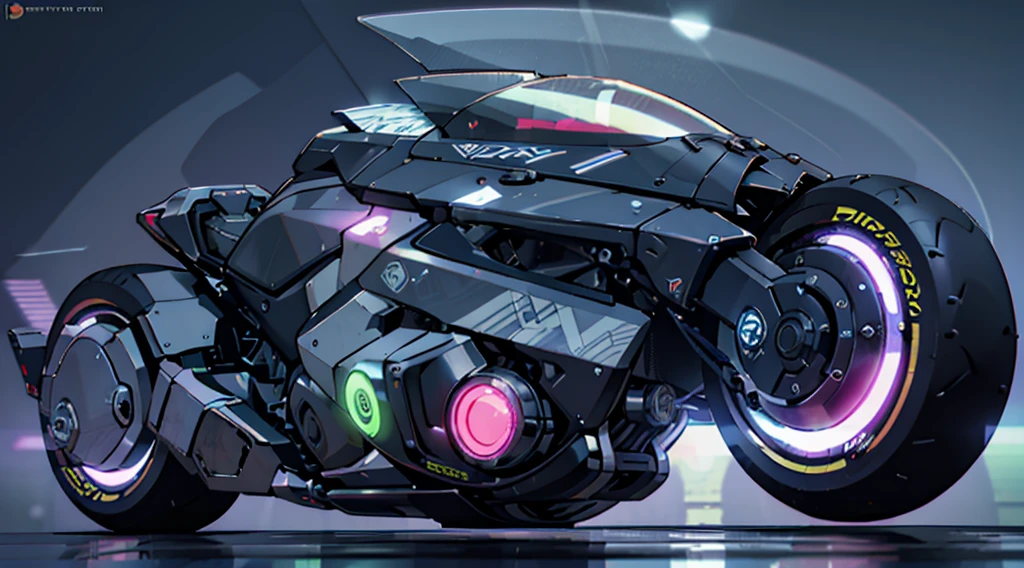 futuristic motorbike, 3D rendering, sleek design, metallic body, neon lights, aerodynamic shape, cutting-edge technology, advanced engine, innovative wheels, streamlined silhouette, reflective surface, high-speed capability, dynamic posture, powerful acceleration, adjustable handlebars, futuristic helmet, enclosed cockpit, augmented reality display, glowing insignia, cyberpunk style, vibrant colors, dramatic lighting, ergonomic seat