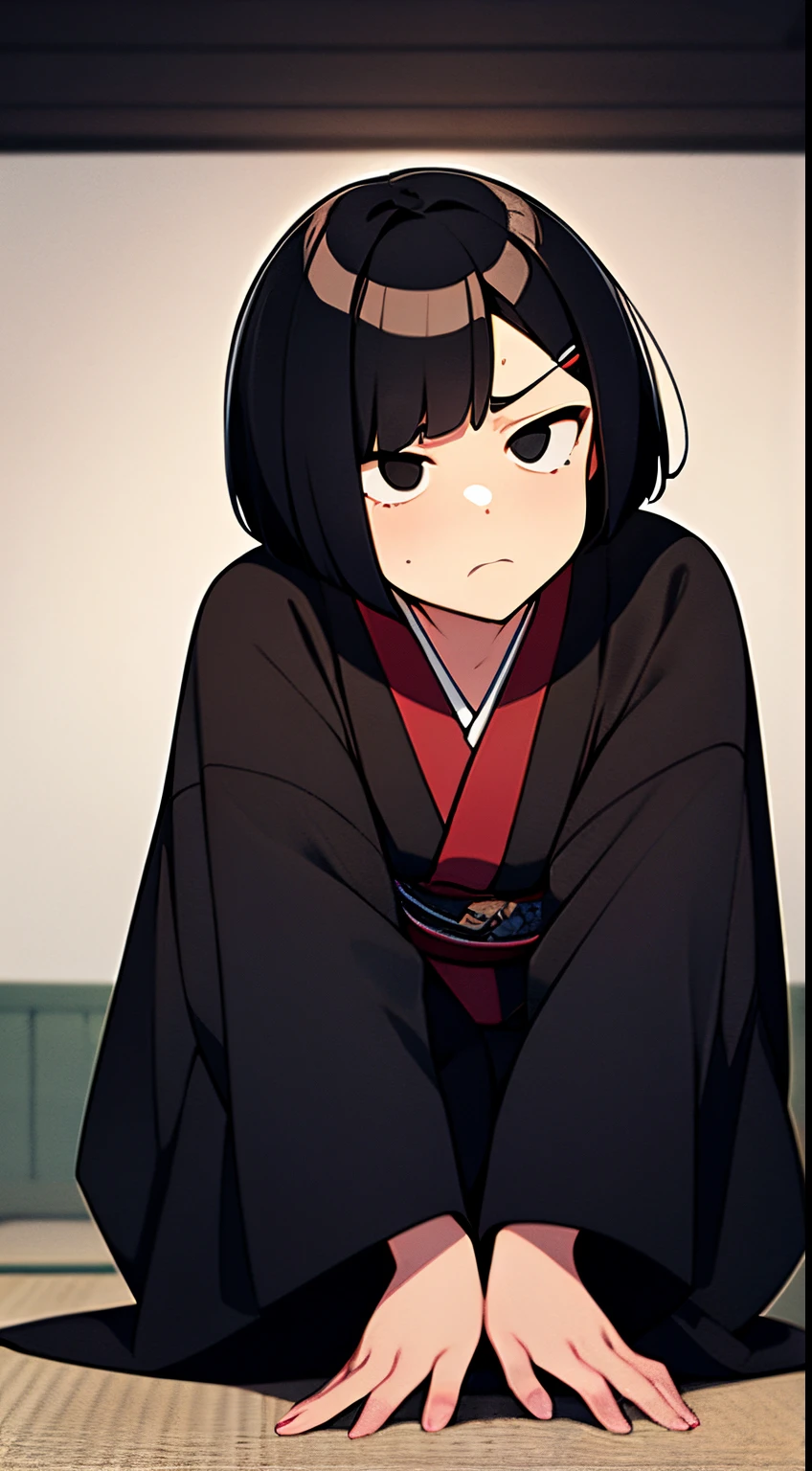 short bob, black hair, black eyes, slant eyes, round face, high , bad mood, kimono, full body