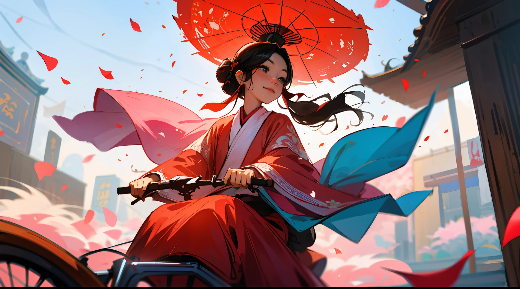 （（（Couple wearing red Han Dynasty costumes））），（a bicycle with a basket，There are flowers in the basket），（Ride on the bustling streets of Tang Dynasty），and the sun was shining brightly，Pink petals are floating in the sky，tmasterpiece，textureskin，A high resolution，Best quality at best，4K，black hair color hair, ssmile, 电影灯光, cellshading