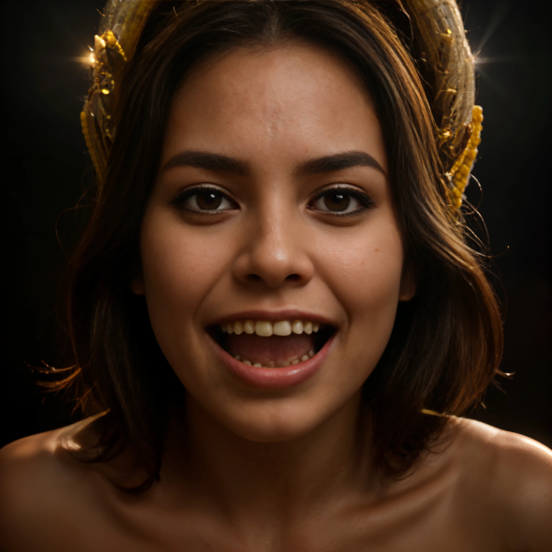 Woman, Indonesia, corn big, mouth, hole, eye, soft lighting, cinematic shot, high angle, volumetric light, beautiful, teeth, high detailed, ornate, octane, no blur, fine details, photorealistic