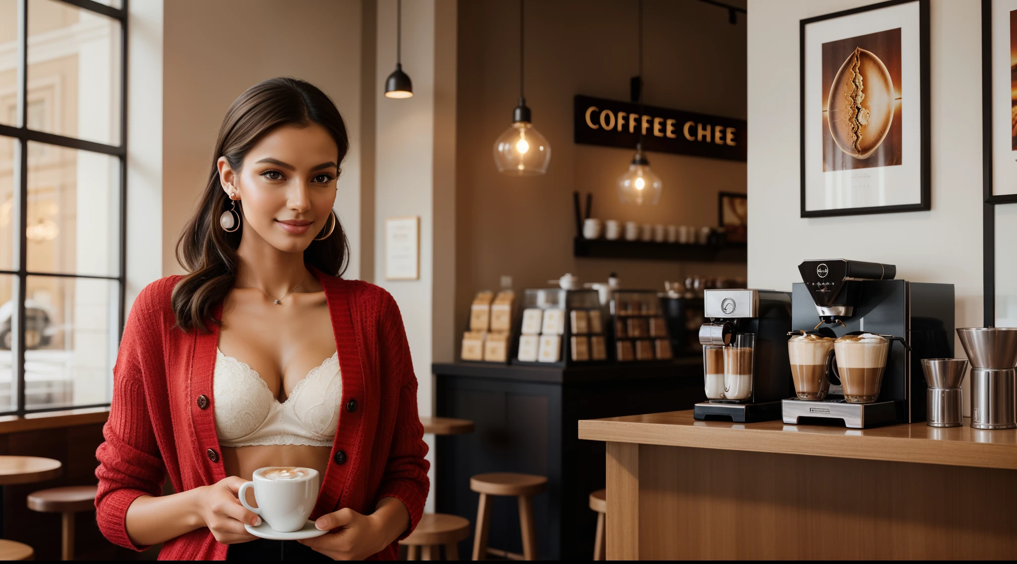 ((a girl (stand:1.2) (alone:1.6) in a coffee shop)),((full-body:1.2, cinematic-shot)),(best quality,4k,8k,highres,masterpiece:1.2),ultra-detailed,(realistic,photorealistic,photo-realistic:1.37),(beautiful and aesthetic:1.2),(film grain:1.3).

[(1girl),(solo),((1 person)),(19years-old),[Raiana-Elizabeth-Dilla],pearl skin,(skin pores:1.1),beautiful detailed eyes,beautiful detailed lips,extremely detailed eyes,longeyelashes,extremely detailed face and skin texture,(skin texture:1.1),black hair,tall and slender body,(192cm tall),thin and delicate figure,graceful posture,flawless skin,defined abs,perfect curves,feminine appearance,beautiful long legs,embodying elegance and beauty,(cleavage breasts,large breasts:1.4),((wearing a sexy (ultra-short (red:1.4) cardigan)),extremely detailed and realistic (red) clothes,(shiny skin),((sharp focus:1.5)),(earringeathers:1.5),(happy expression,full smile)].

[cozy coffee shop,modern interior design,wooden furniture,barista serving coffee,aroma of freshly brewed coffee,espresso machine,cappuccino,latte,pastry counter,delicious pastries,comfortable seating,soft lighting,relaxing atmosphere,artwork hanging on the walls,vibrant colors,coffee beans,steaming cups,reading books,newspapers and magazines,coffee shop ambience].

Official art,extremely detailed,Angelic ethereal beauty,award-winning photography,professional photography,depth-of-field,bokeh.