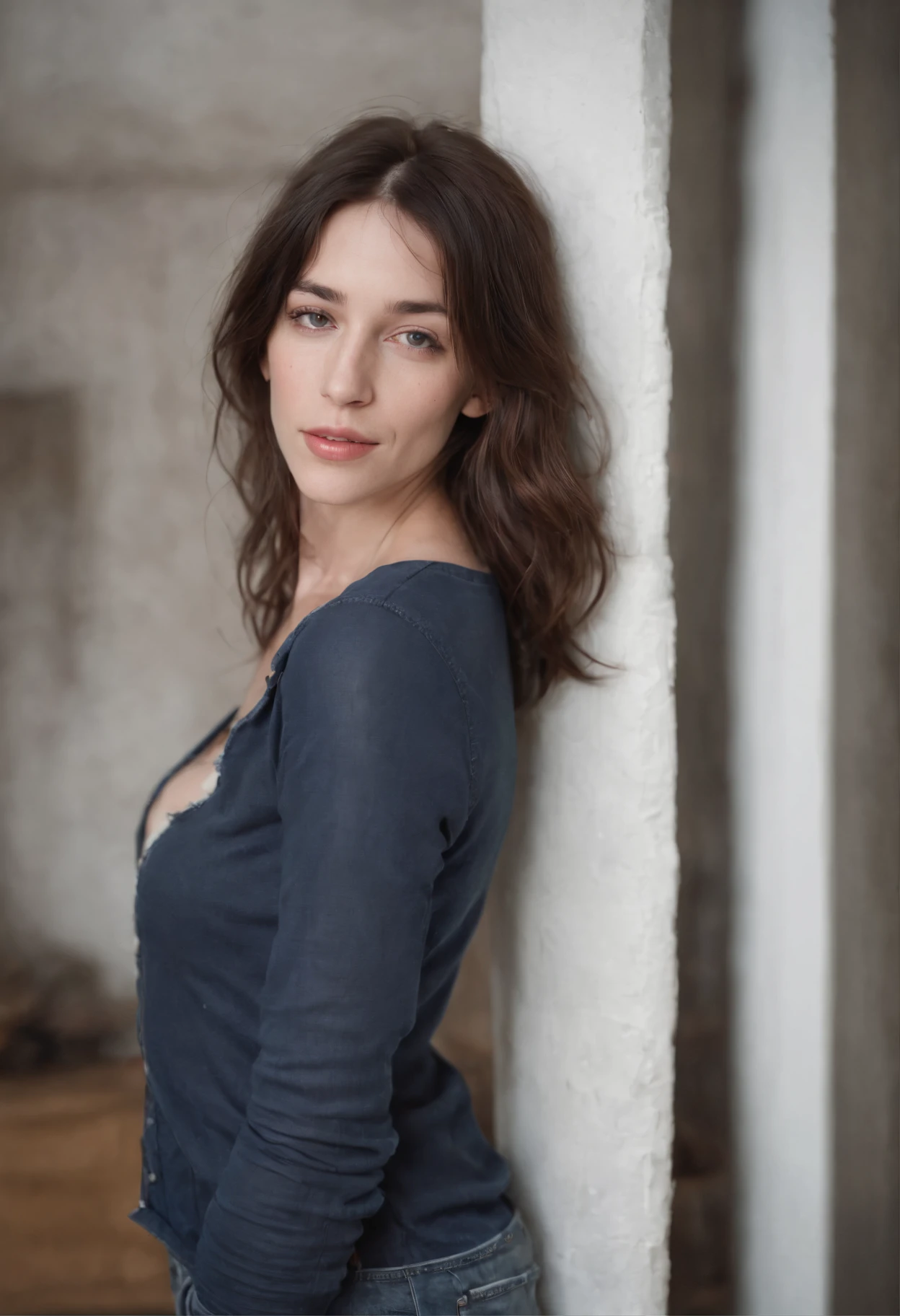 Charlotte Gainsbourg skinny lookalike, Three-quarter length waist-up photo of anorexic ethnic French and Moroccan Charlotte Gainsbourg lookalike woman, very skinny 45 year old Charlotte Gainsbourg lookalike, very long length black loose curly hair with bangs, hazel eyes, detailed eyes, medium round pale white freckled breasts, beautiful white freckles cleavage visible, tiny black leather jacket and vintage highly distressed hipster dungarees, realistic skin with pores and blemishes, very pale white skin, looking directly at the camera with a big toothy smile, casual, beautiful round ass, black combat boots, beautiful sexy cleavage, lots of crows feet and wrinkles and aging, she looks just like Charlotte Gainsbourg, background in the distance is an out-of-focus, blurry loft photo studio apartment with dark blue walls, Manfrotto auto poles, rolls of colored seamless backdrop paper, tripods, light stands, very dramatic lighting