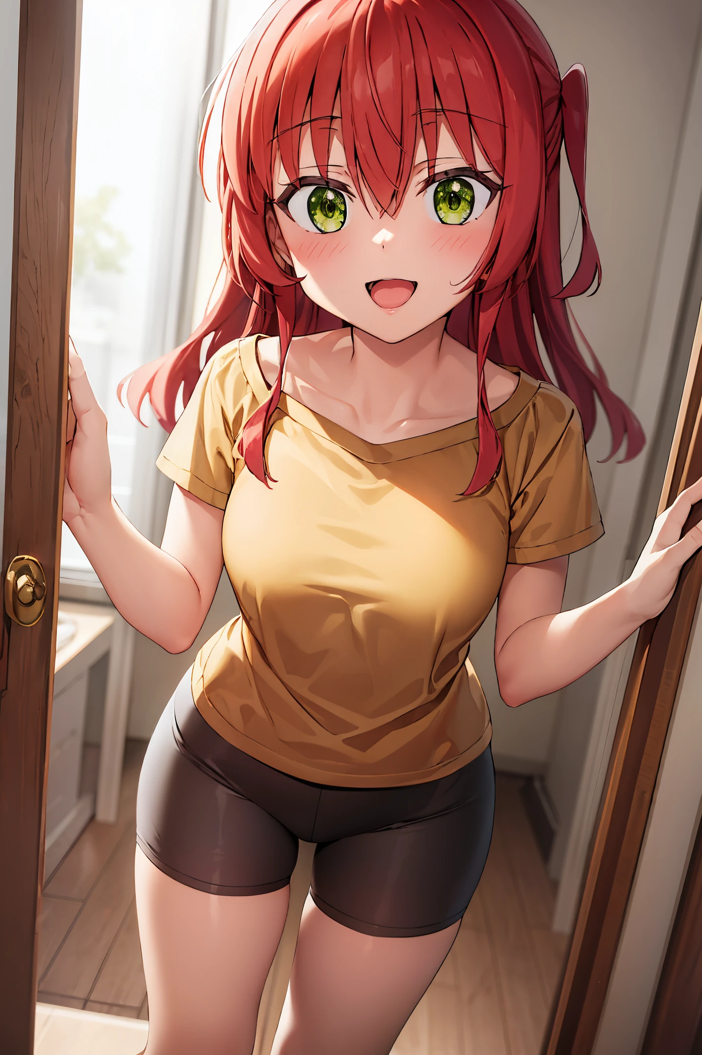 Room, 1 girl, best quality, ultra high res, long hair, red hair, green eyes, yellow shirt, short sleeves, bike shorts, bike shorts under shirt, looking at viewers, small breast, standing, pov, slim body, **** body, small body, smile, open mouth,