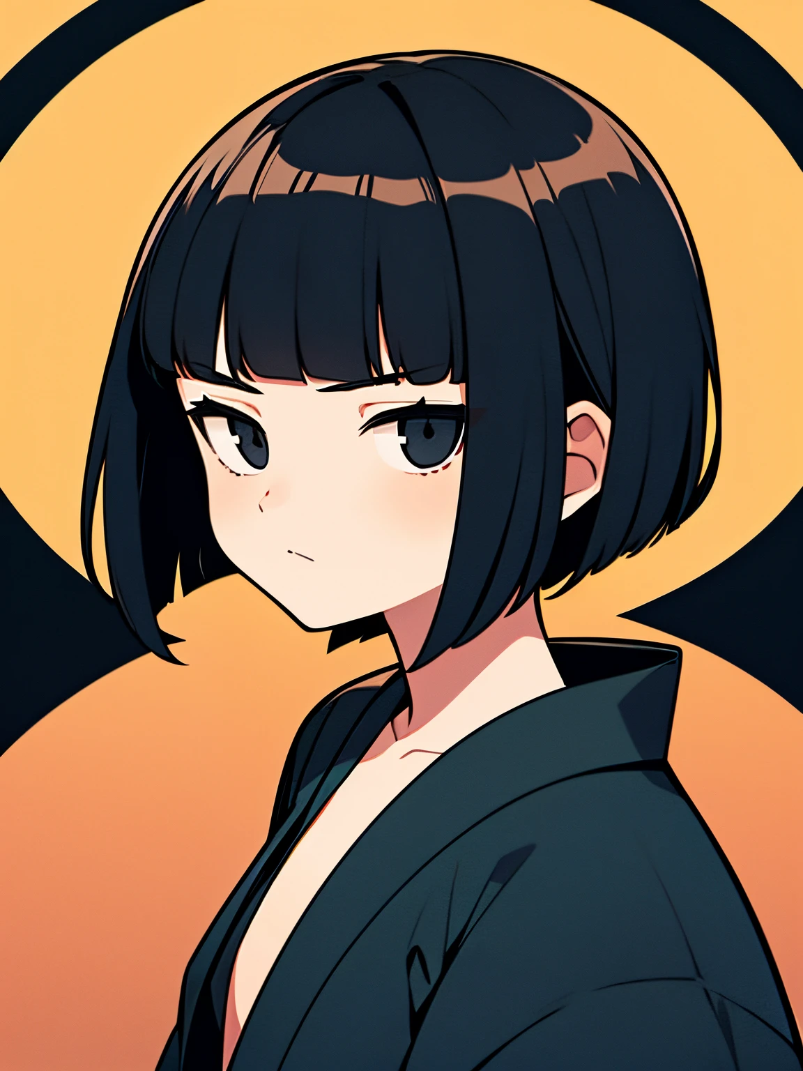 short bob, black hair, black eyes, slant eyes, round face, high , bad mood, kimono, open clothes,