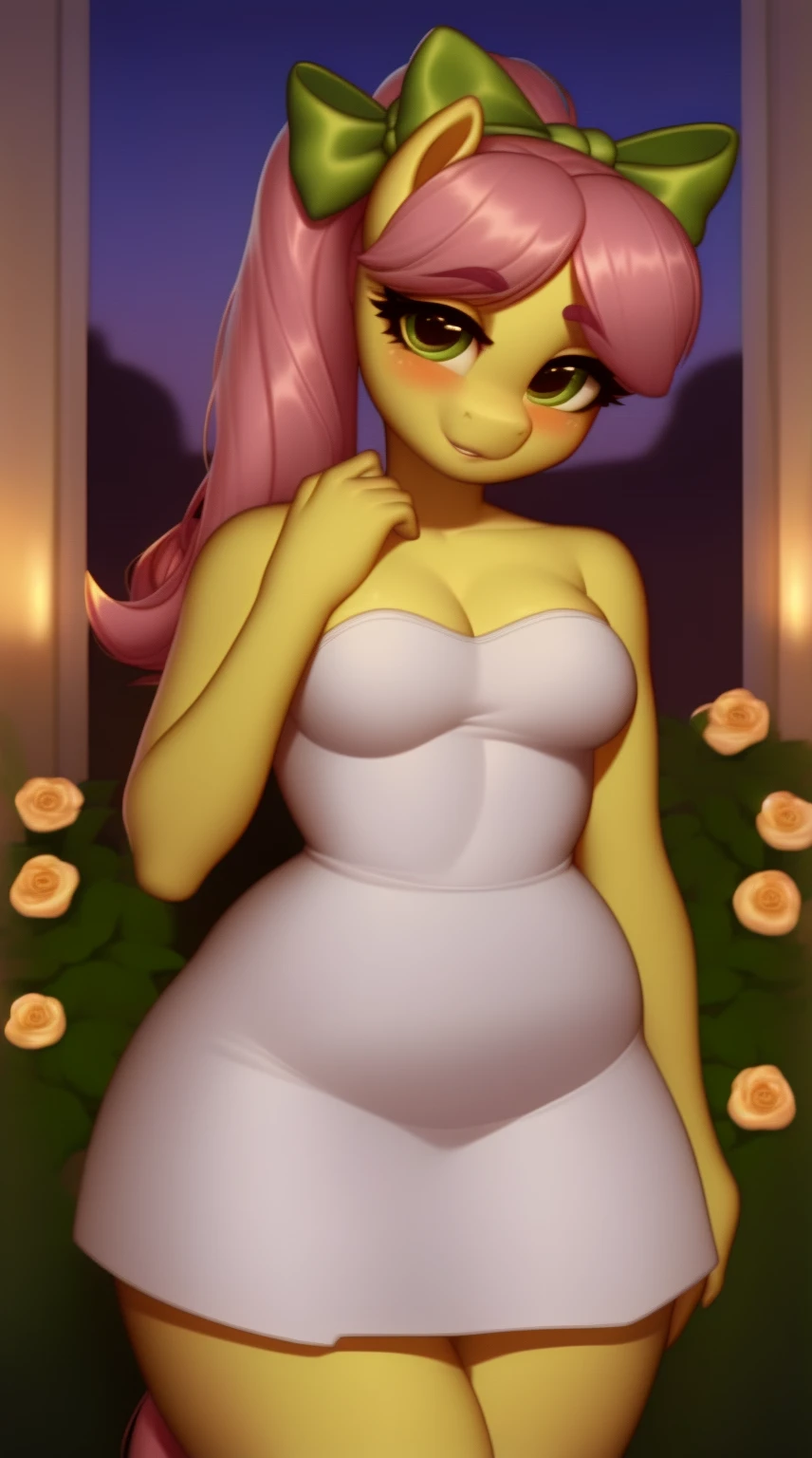(score_9), (source_pony), (solo), (earth pony), ((anthro posey bloom1.1)), (strapless white tube dress), sexy, blushing, seductive look, messy hair, lidded eyes, sultry pose, bedroom eyes, anatomically correct, night garden, small breasts, half body, solo, hourglass figure, curvy, plump body, young, short, chubby, cute, high res, facing straight at viewer,