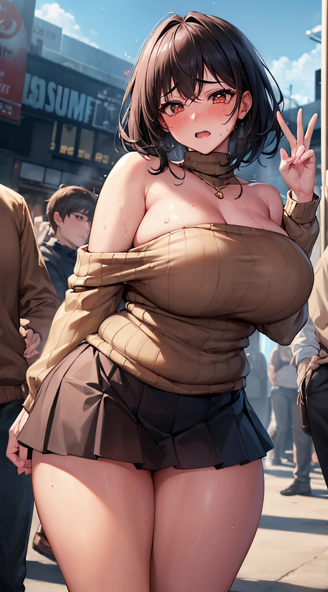 photorealistic,,[ 4 k digital art ]!!,(long eyelash,eyeliner),(tareme), (black short hair),(plump body:1.3), detailed face,mature woman posing in crowded street,outdoor,crowds looking at woman,(clothed woman),(off-the-shoulder brown sweater and black pleated skirt:1.3),(double peace),(thick pubic hair:1.3),wet pussy,(blushed and stressed:1.5),(wet pupils),oiled skin,(sweaty),look at viewer,(creampie:1.3),(curvy body:1.2),(trembling:1.3),excessive cum in pussy,(cum in pussy:1.3),heart-shaped pupils,orgasm,aroused,from below,from front